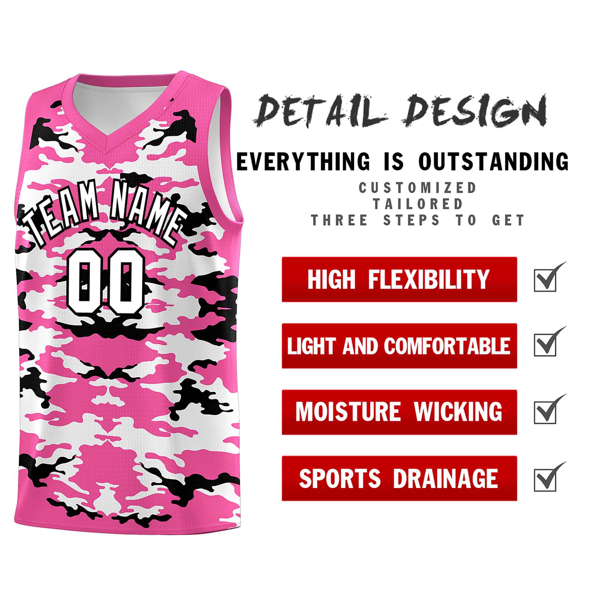 Custom Pink Black-White Personalized Camo Sets Sports Uniform Basketball Jersey