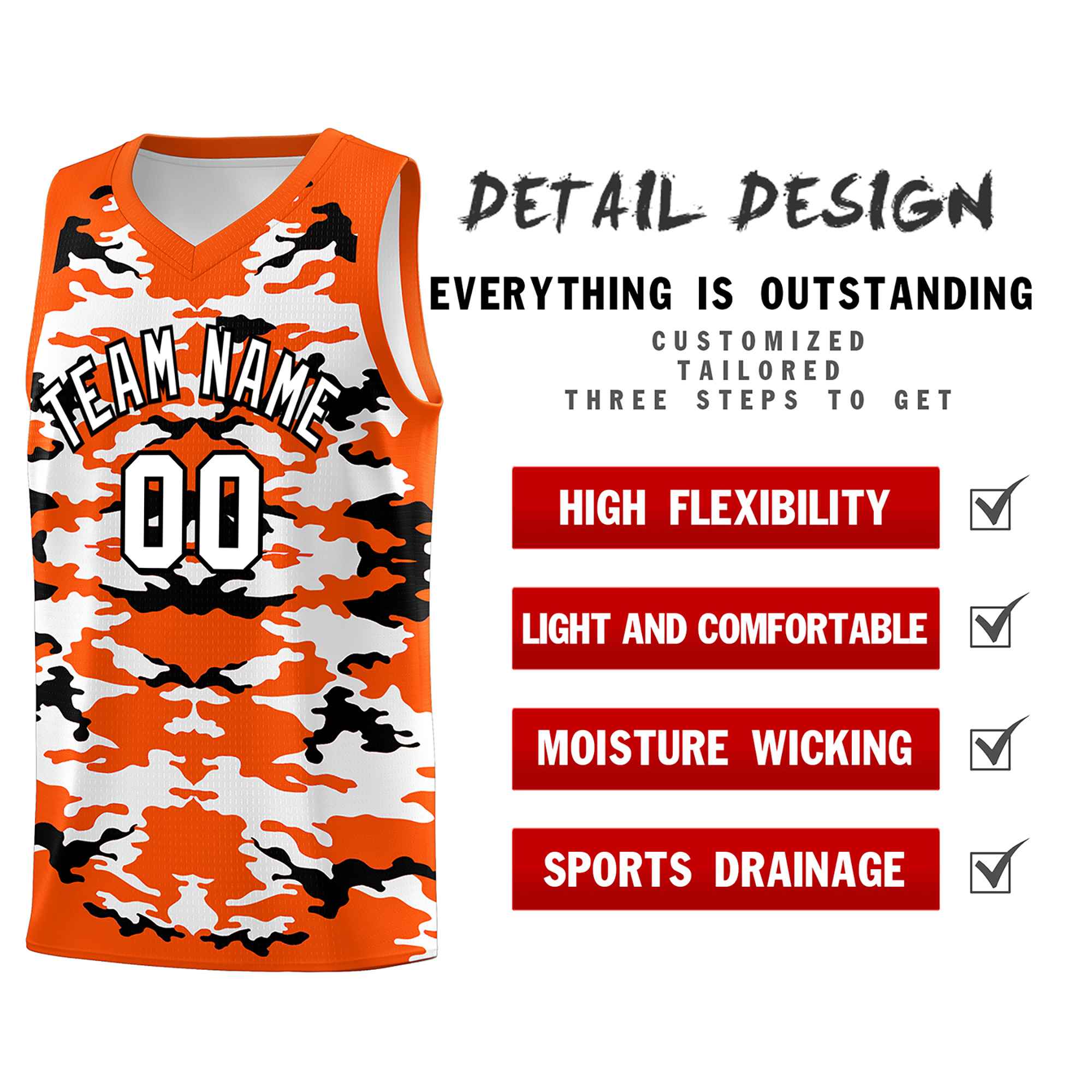 Custom Orange Black-White Personalized Camo Sets Sports Uniform Basketball Jersey