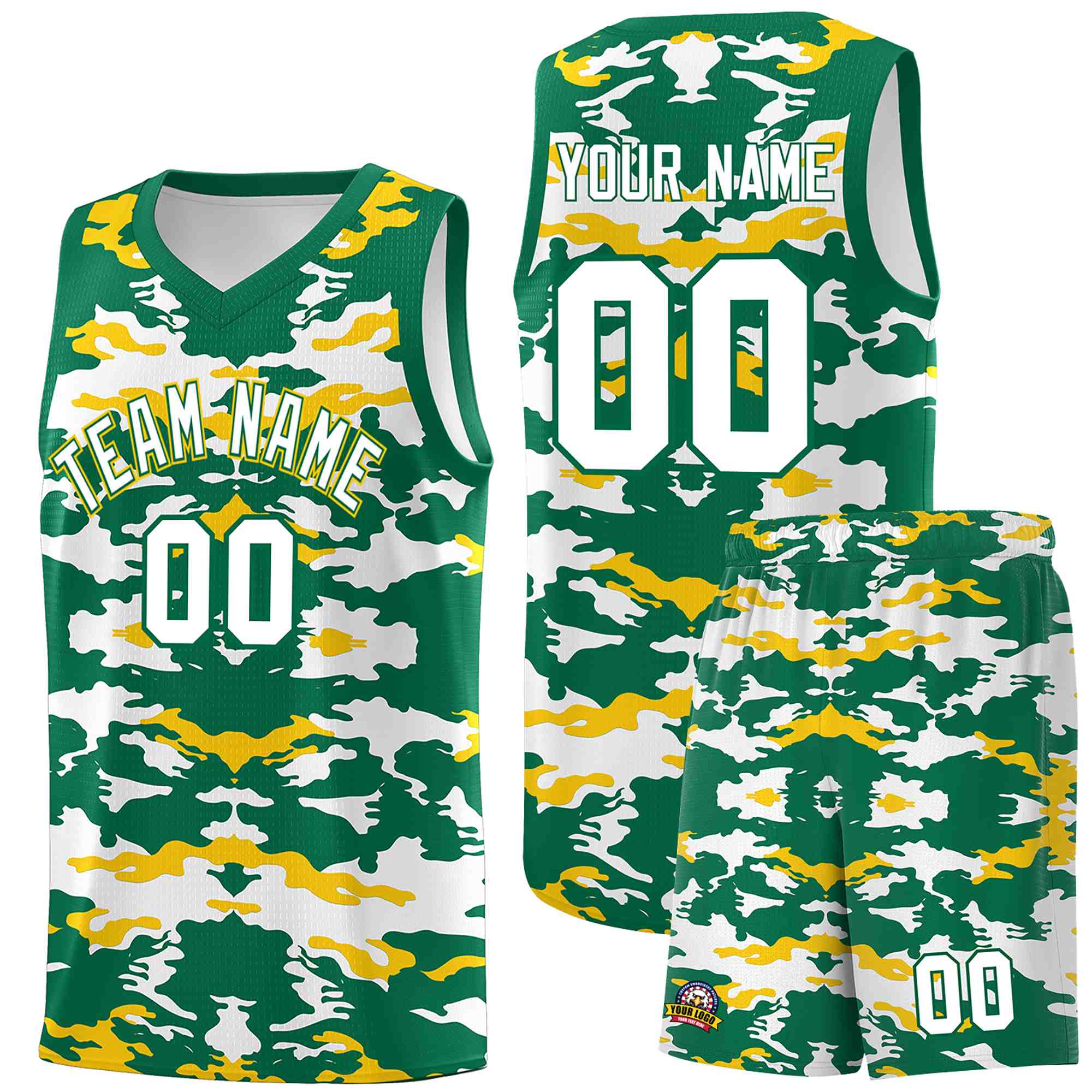 Custom Kelly Green Gold-White Personalized Camo Sets Sports Uniform Basketball Jersey