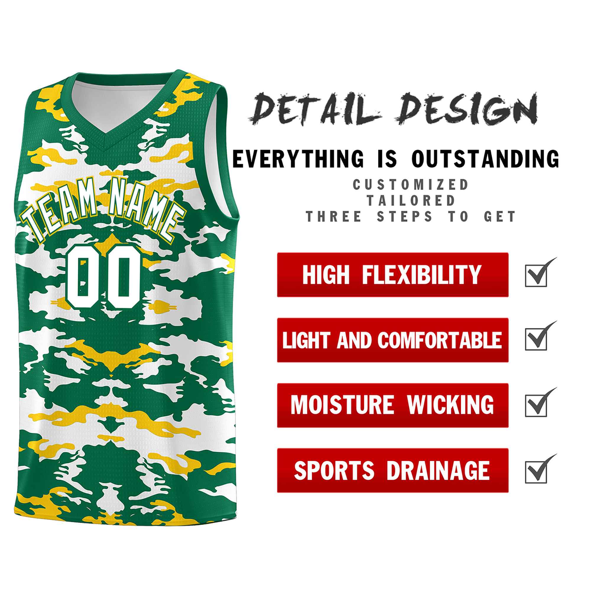 Custom Kelly Green Gold-White Personalized Camo Sets Sports Uniform Basketball Jersey