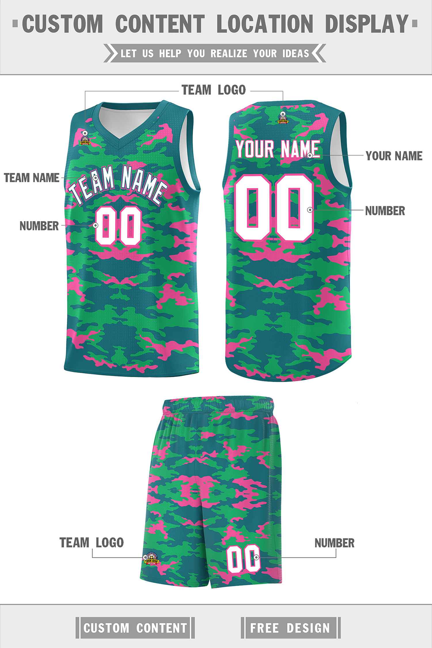 Custom Aqua Pink-Light Green Personalized Camo Sets Sports Uniform Basketball Jersey