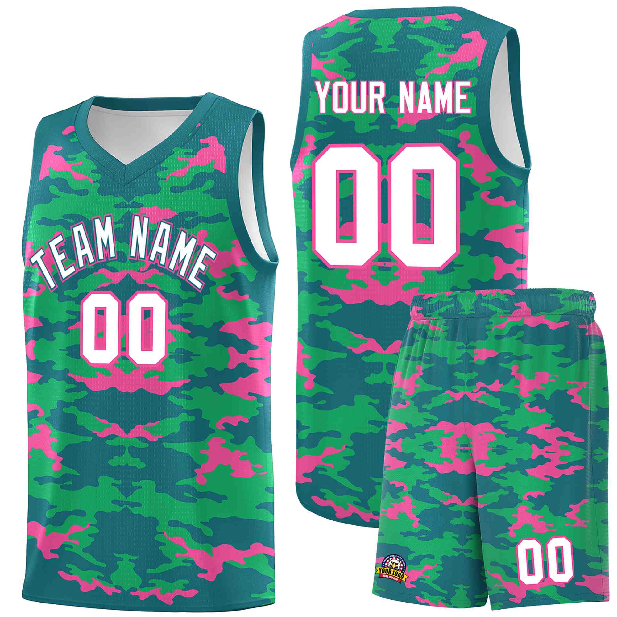 Custom Aqua Pink-Light Green Personalized Camo Sets Sports Uniform Basketball Jersey