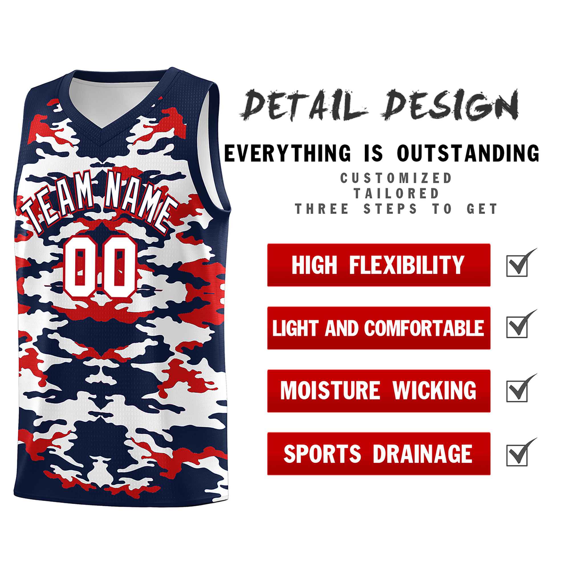 Custom Navy Red-White Personalized Camo Sets Sports Uniform Basketball Jersey