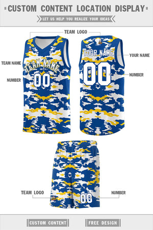 Custom Royal Gold-White Personalized Camo Sets Sports Uniform Basketball Jersey