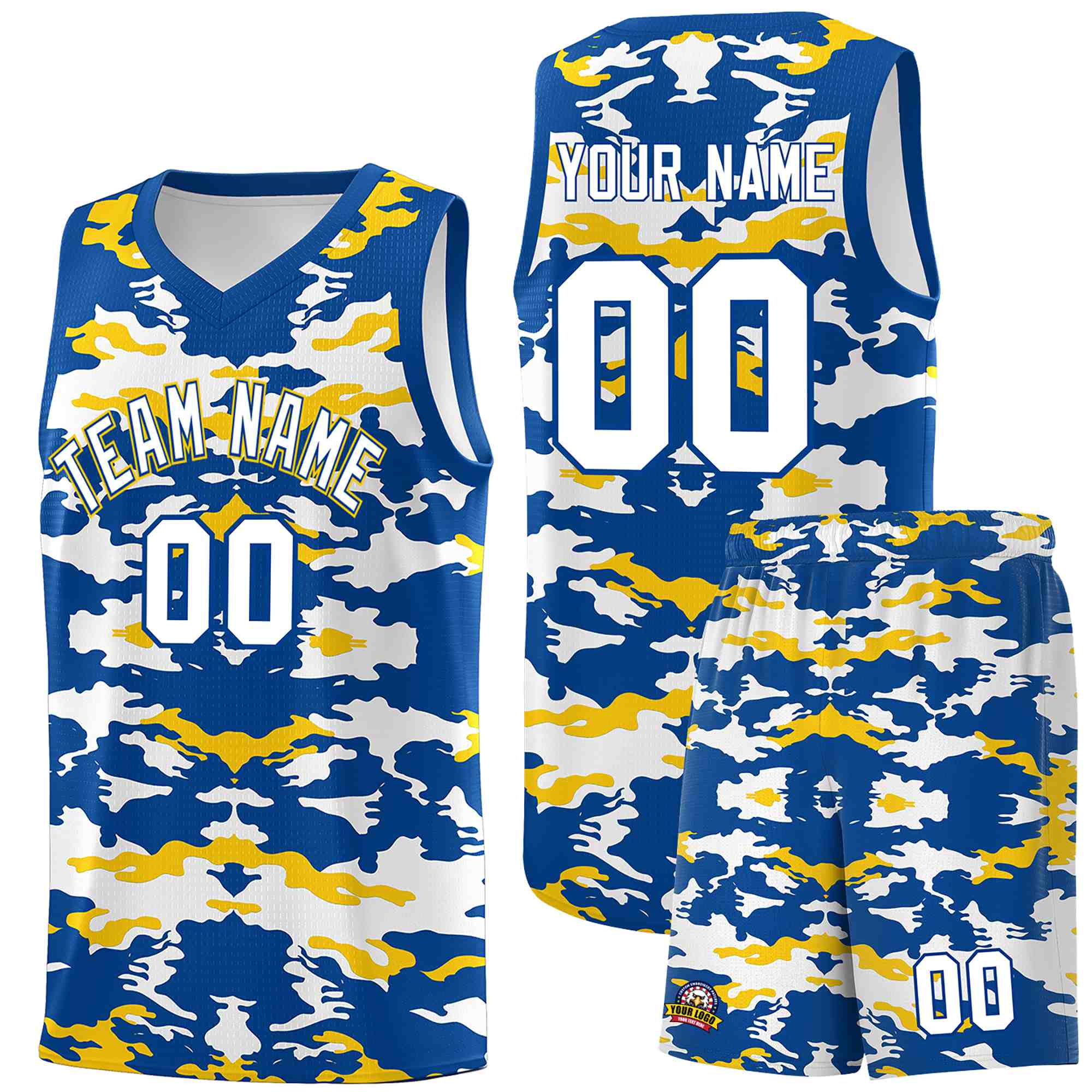 Custom Royal Gold-White Personalized Camo Sets Sports Uniform Basketball Jersey