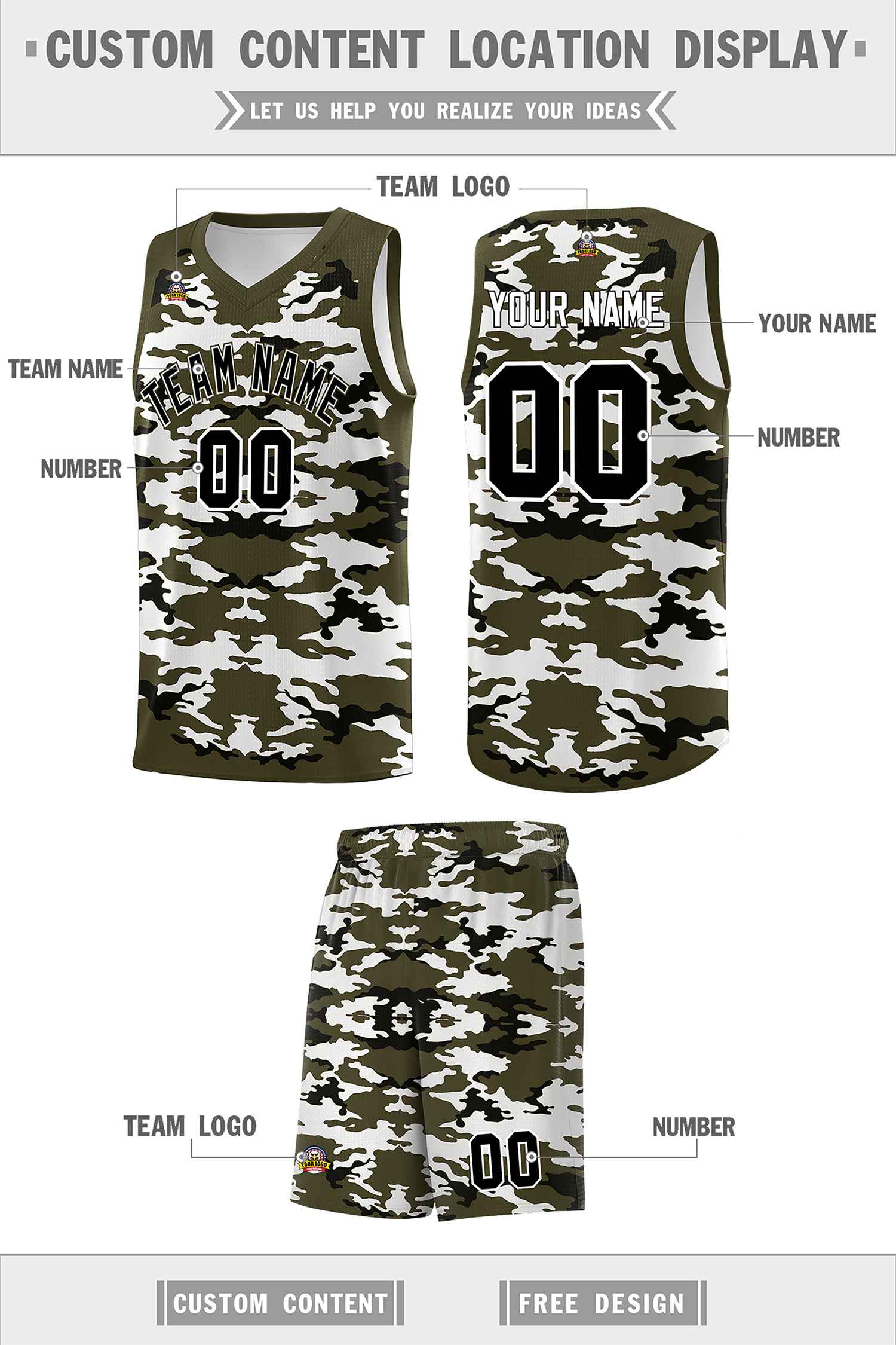 Custom Olive Black-White Personalized Camo Sets Sports Uniform Basketball Jersey