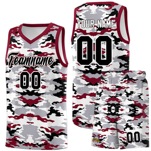 Custom Gray Crimson-Black-White Personalized Camo Sets Sports Uniform Basketball Jersey