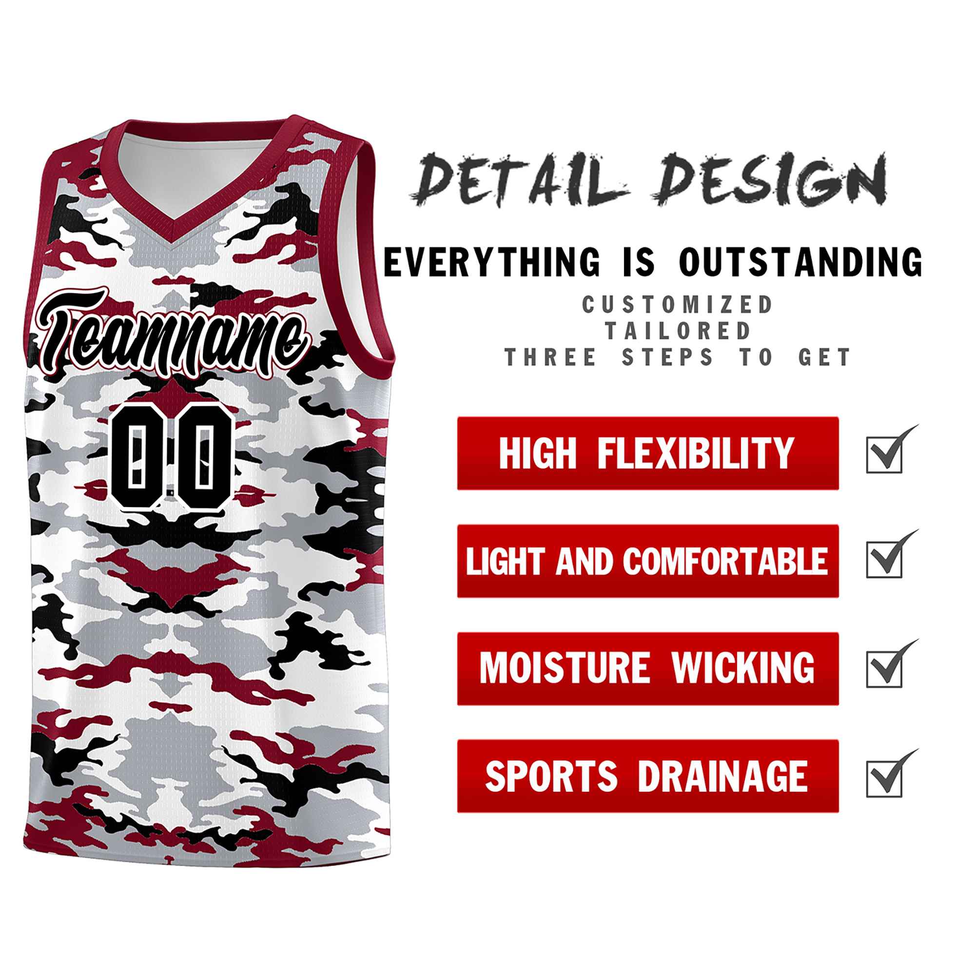 Custom Gray Crimson-Black-White Personalized Camo Sets Sports Uniform Basketball Jersey