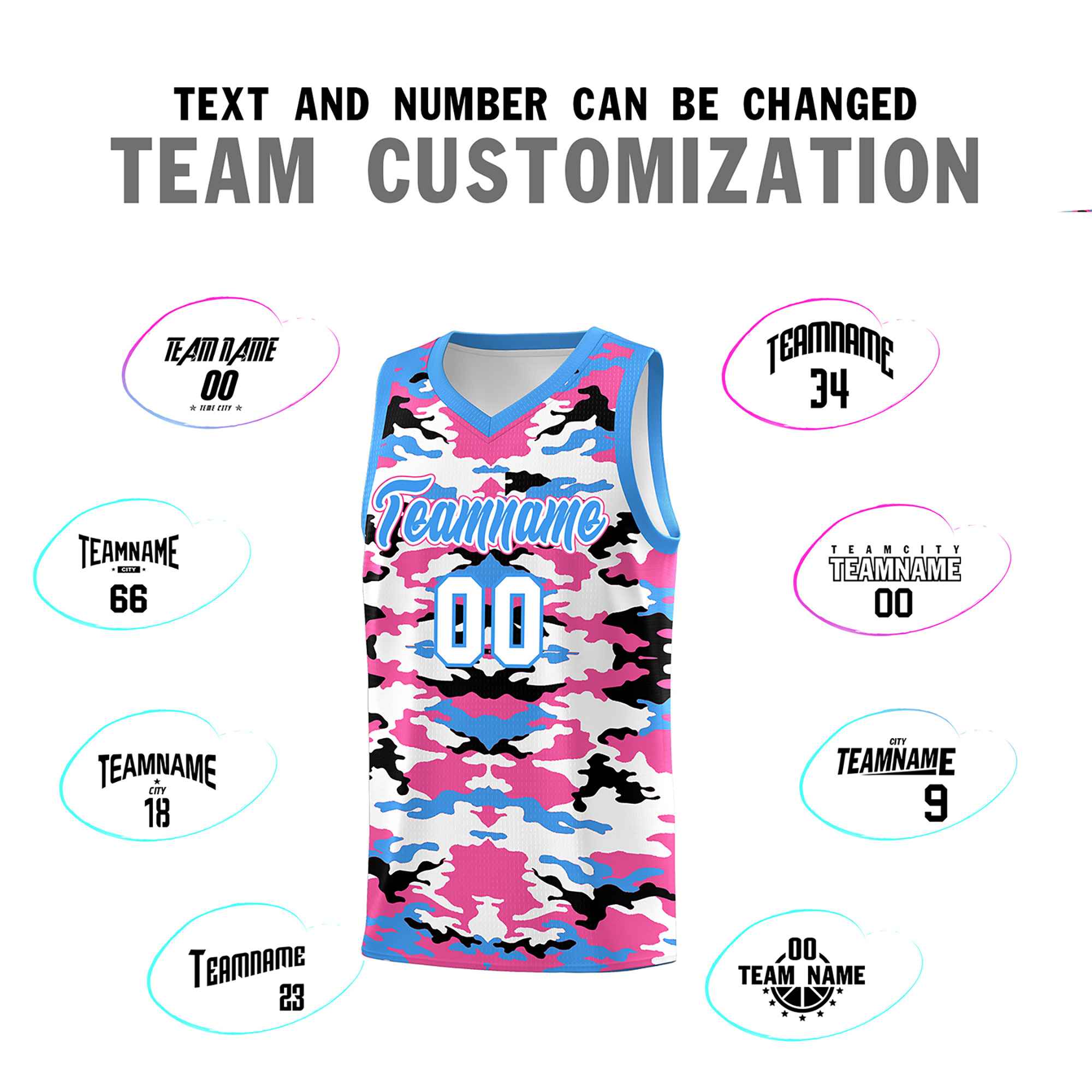 Custom Powder Blue Pink-Black-White Personalized Camo Sets Sports Uniform Basketball Jersey