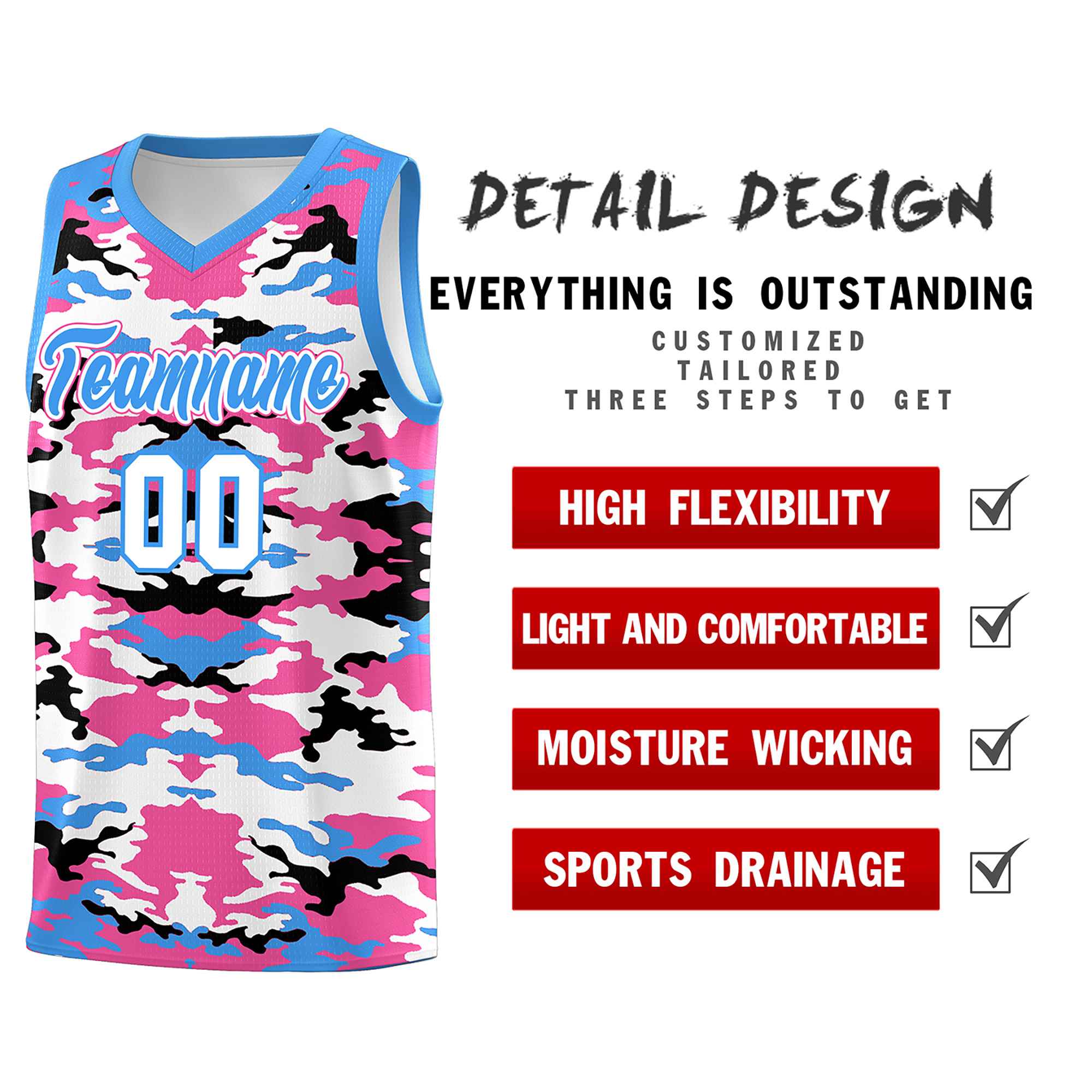 Custom Powder Blue Pink-Black-White Personalized Camo Sets Sports Uniform Basketball Jersey