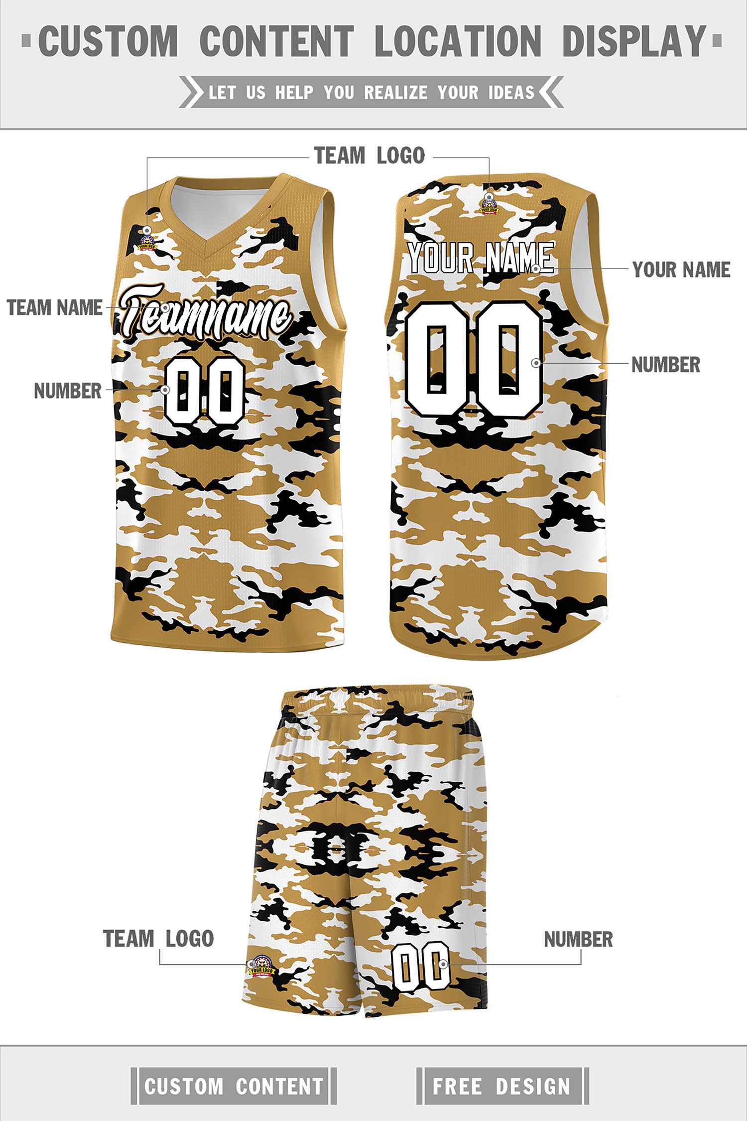 Custom Old Gold Black-White Personalized Camo Sets Sports Uniform Basketball Jersey