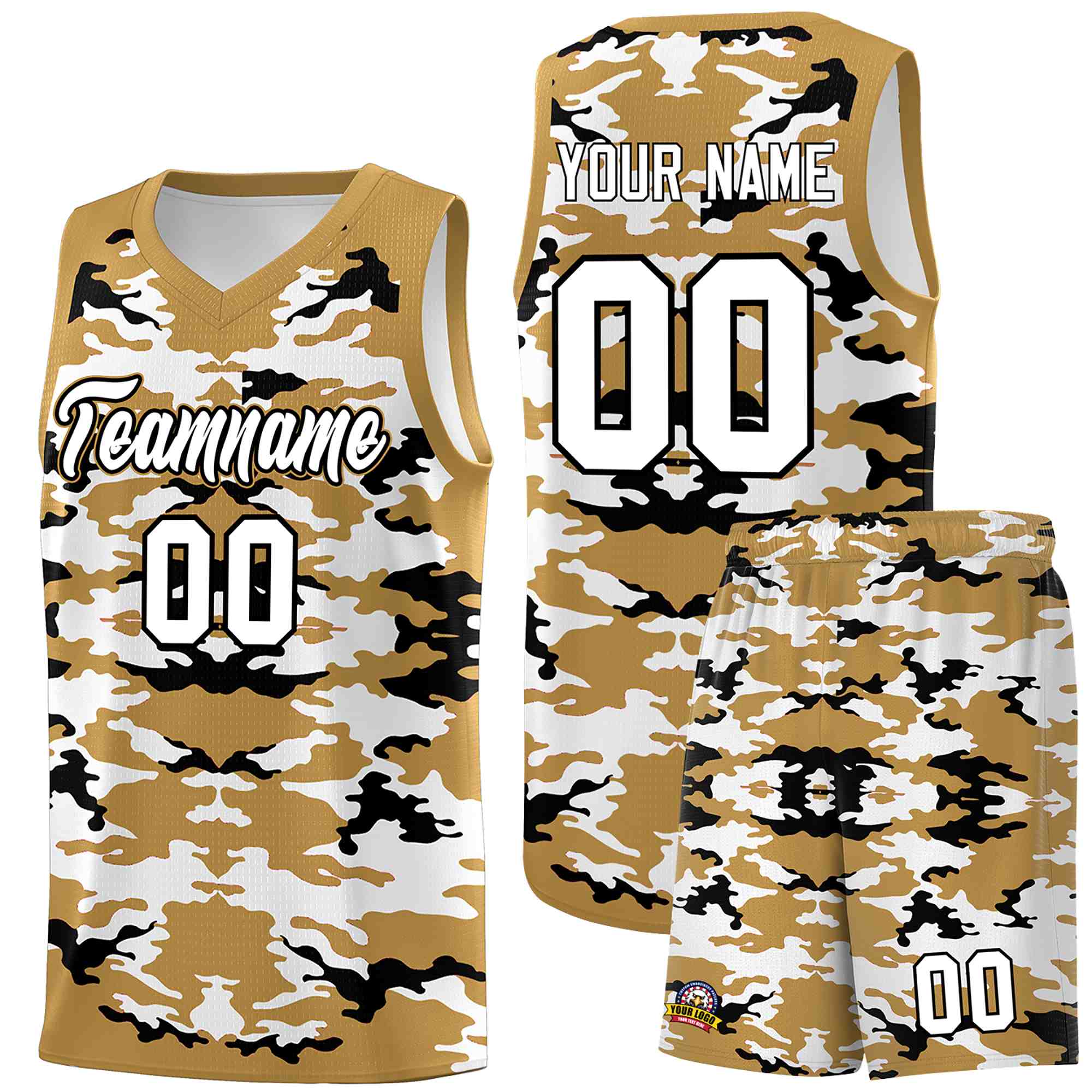 Custom Old Gold Black-White Personalized Camo Sets Sports Uniform Basketball Jersey