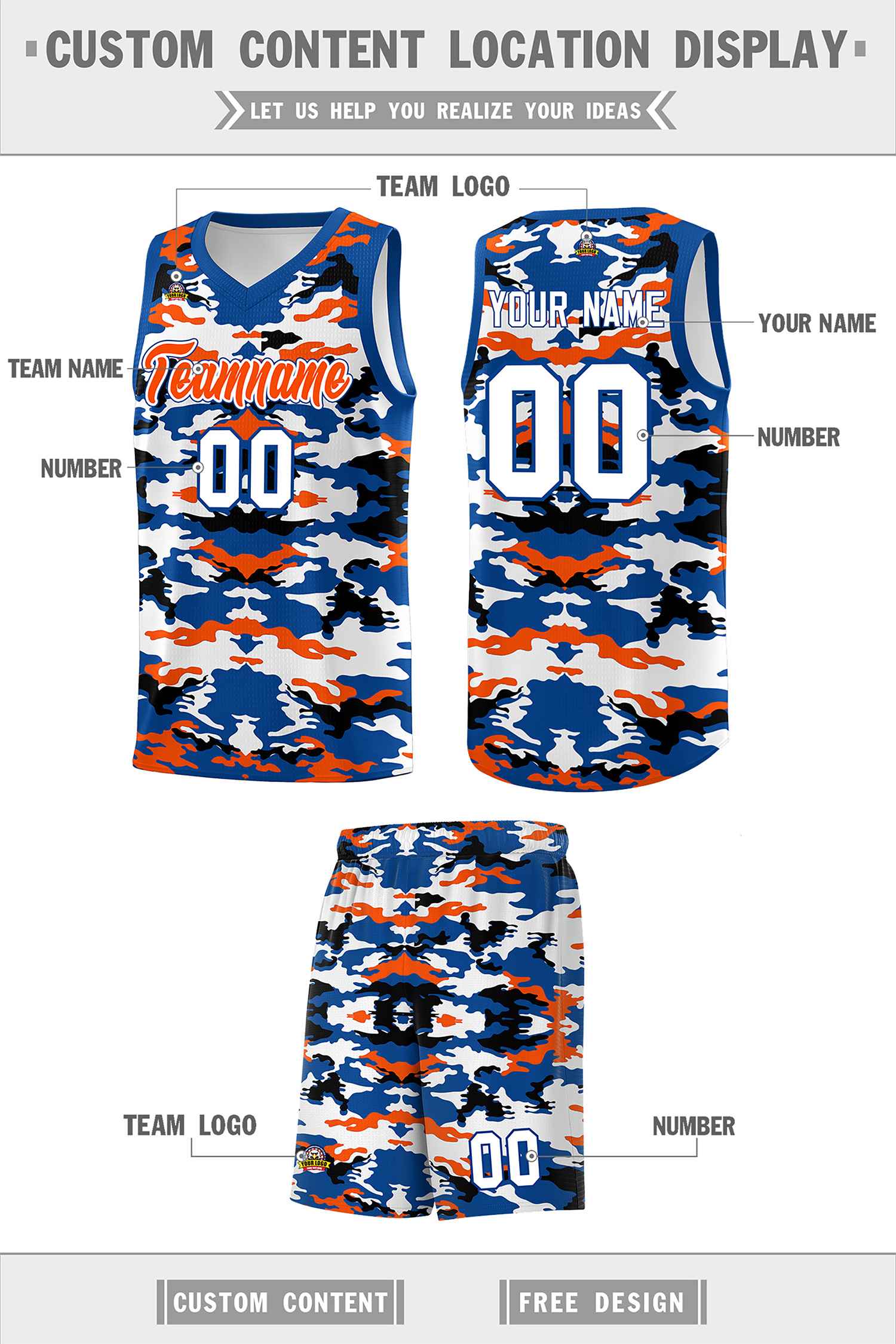 Custom Royal Orange-Black-White Personalized Camo Sets Sports Uniform Basketball Jersey