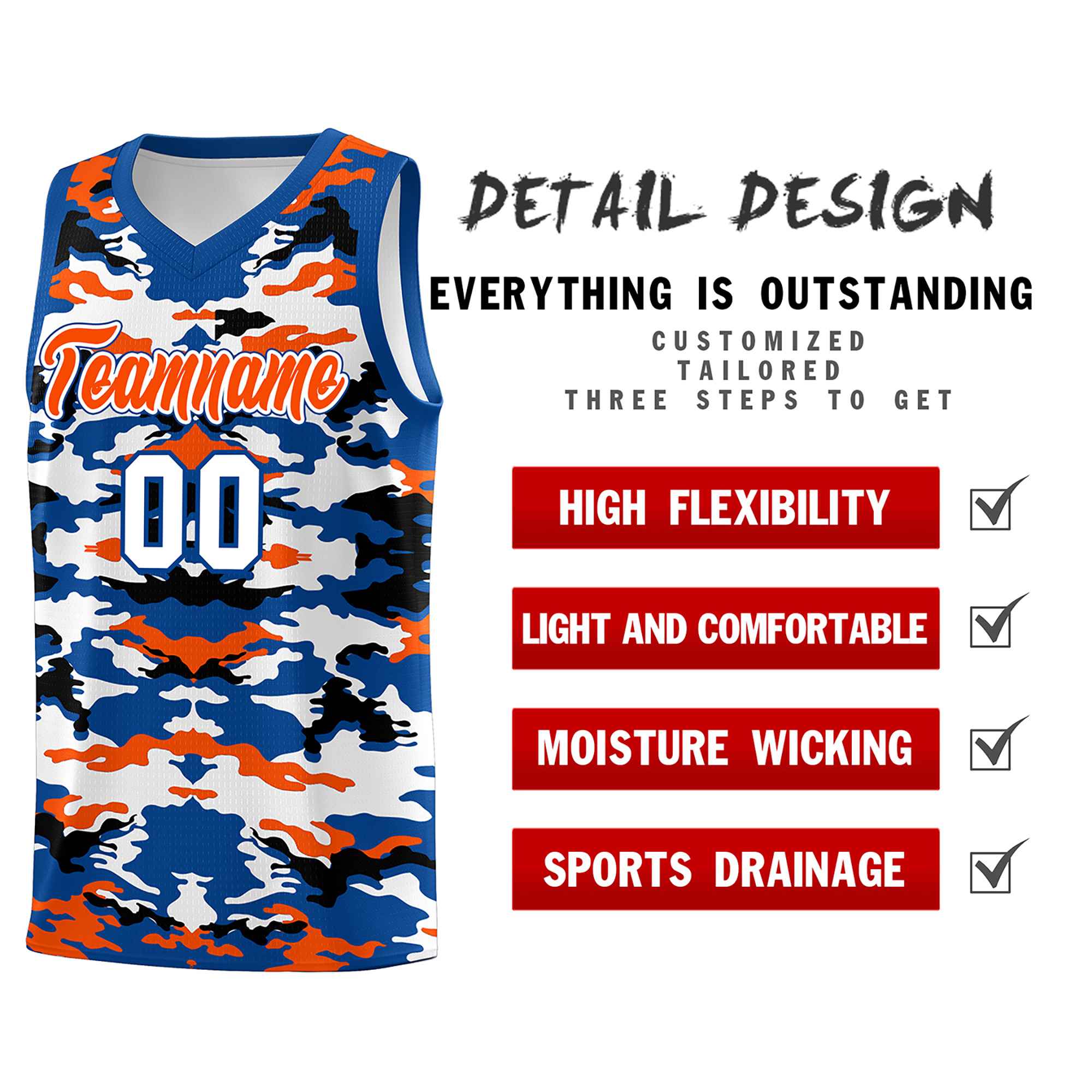 Custom Royal Orange-Black-White Personalized Camo Sets Sports Uniform Basketball Jersey