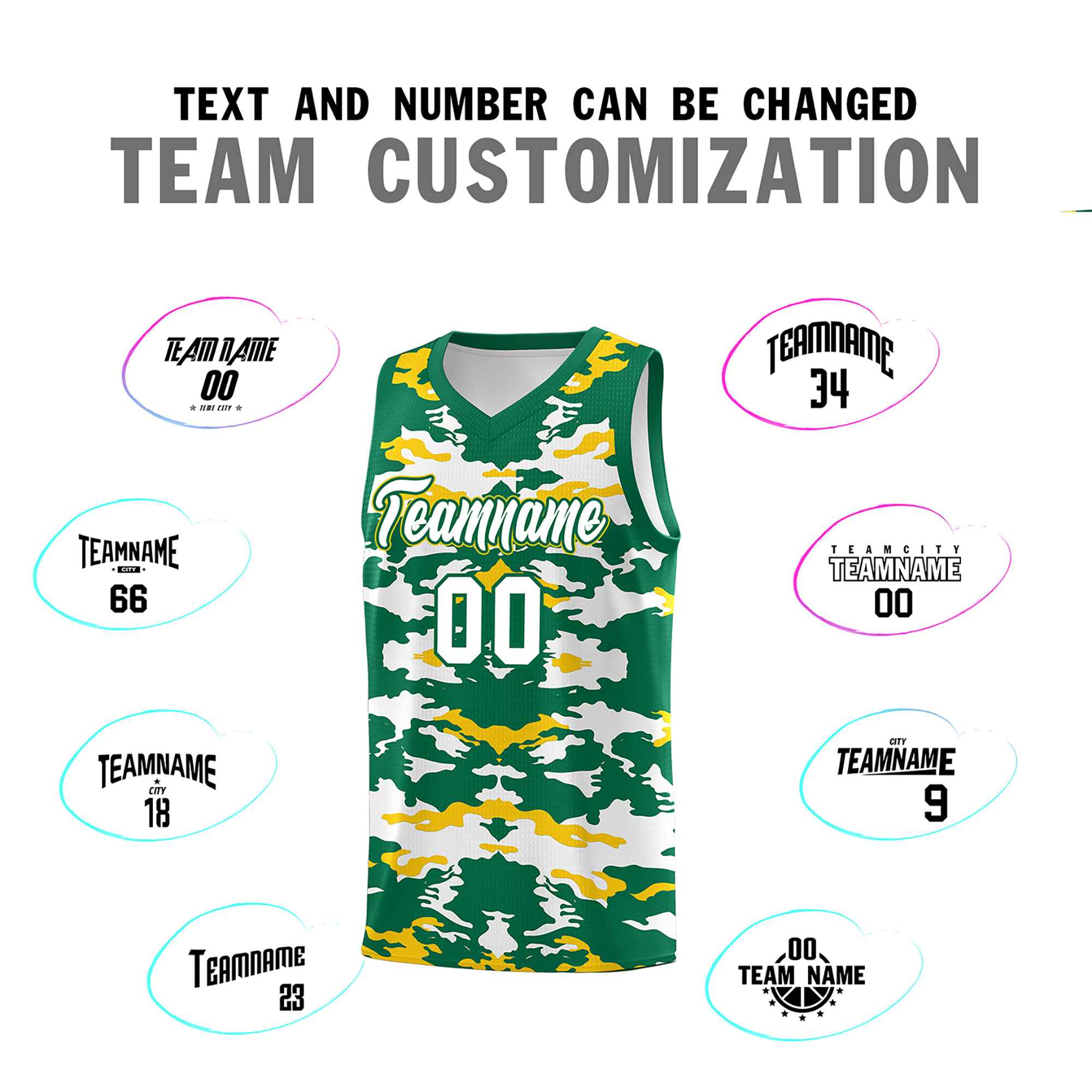 Custom Kelly Green Gold-White Personalized Camo Sets Sports Uniform Basketball Jersey