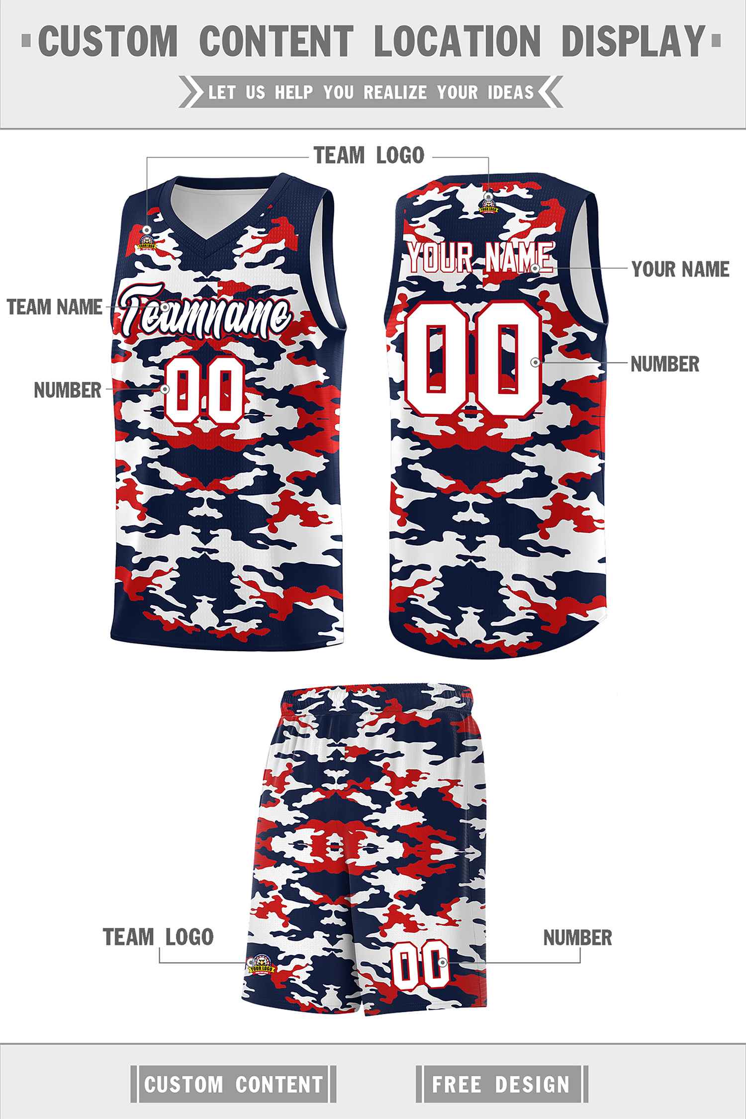 Custom Navy Red-White Personalized Camo Sets Sports Uniform Basketball Jersey