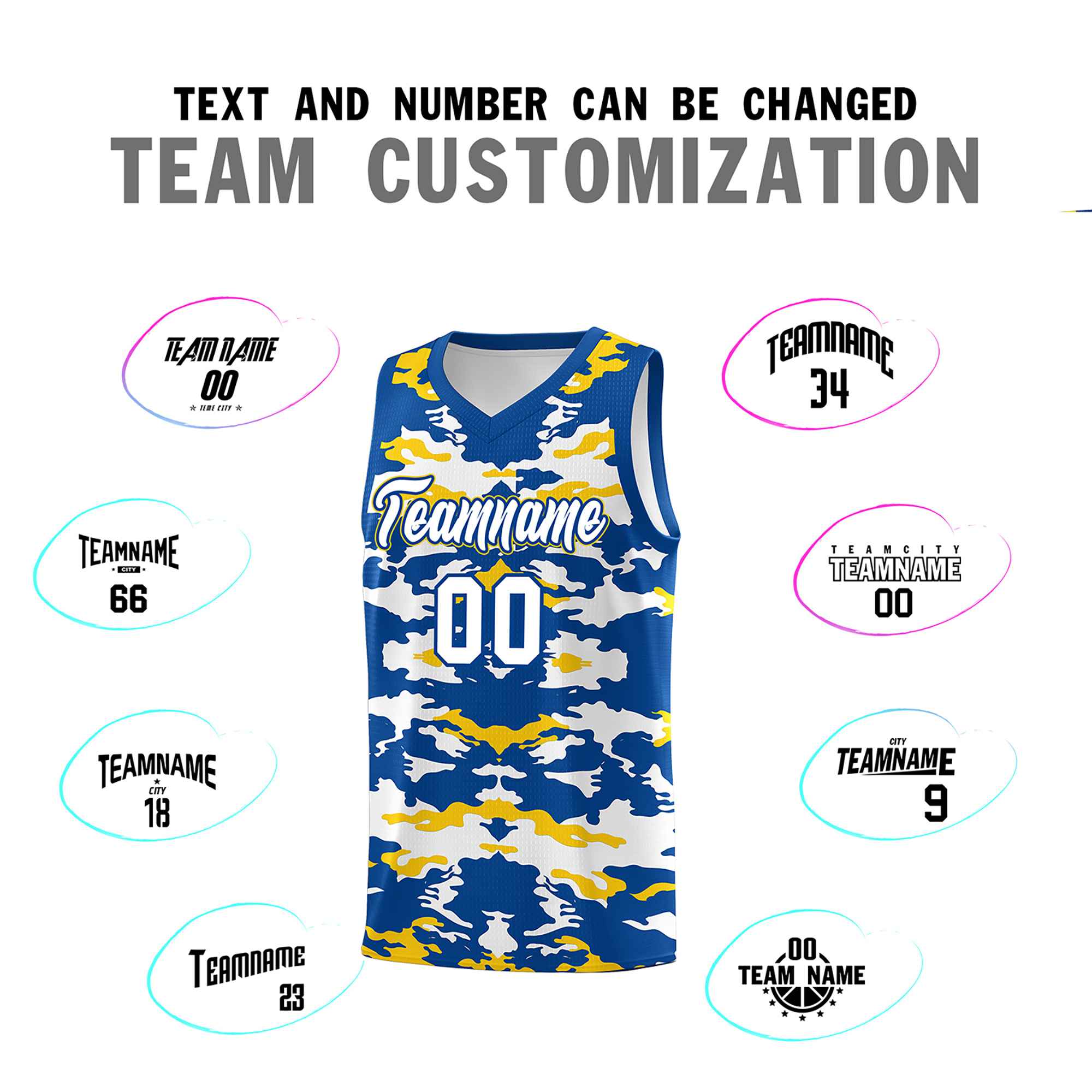 Custom Royal Gold-White Personalized Camo Sets Sports Uniform Basketball Jersey