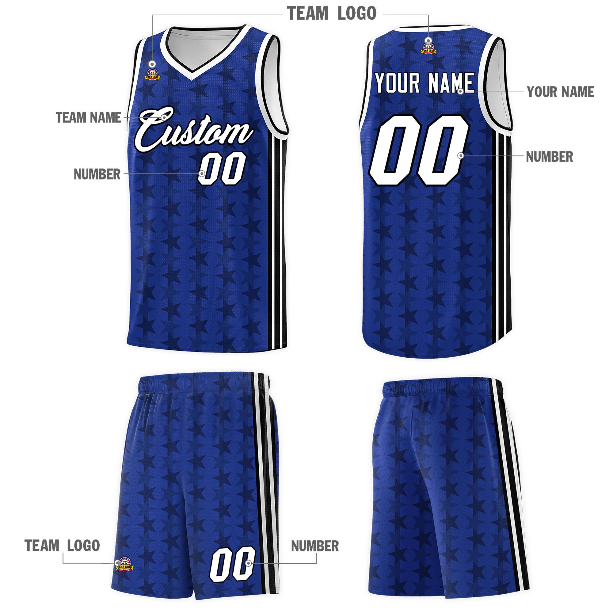 Custom Royal Black Star Graffiti Pattern Sets Sports Uniform Basketball Jersey