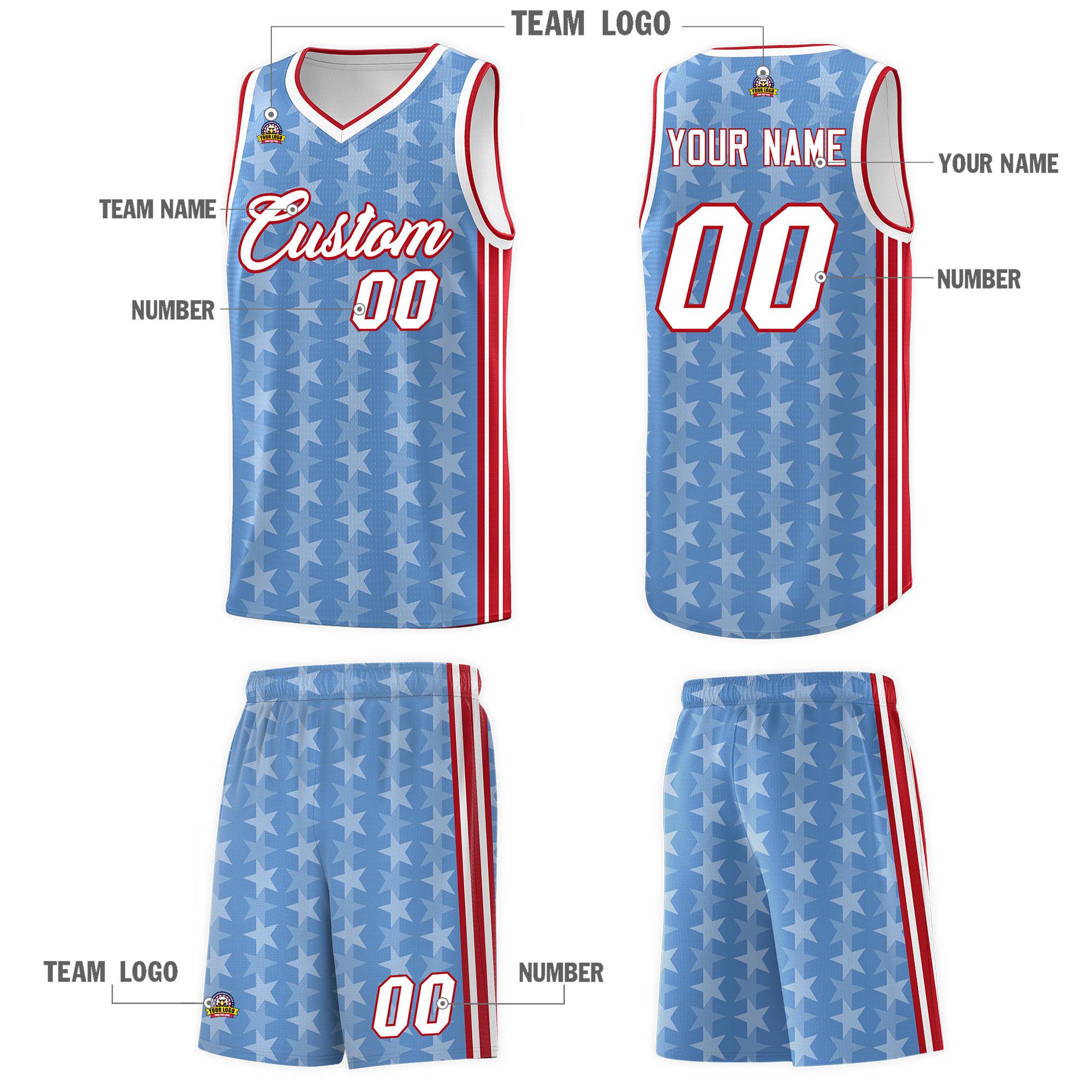 Custom Light Blue White Star Graffiti Pattern Sets Sports Uniform Basketball Jersey