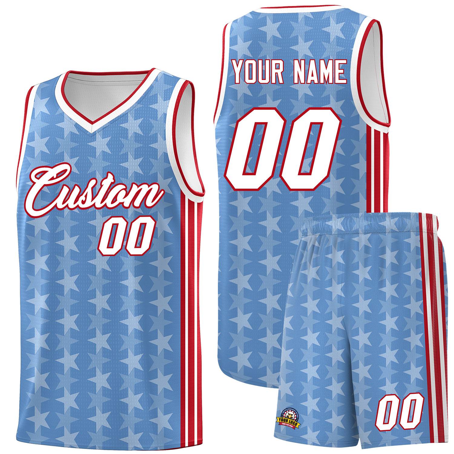 Custom Light Blue White Star Graffiti Pattern Sets Sports Uniform Basketball Jersey