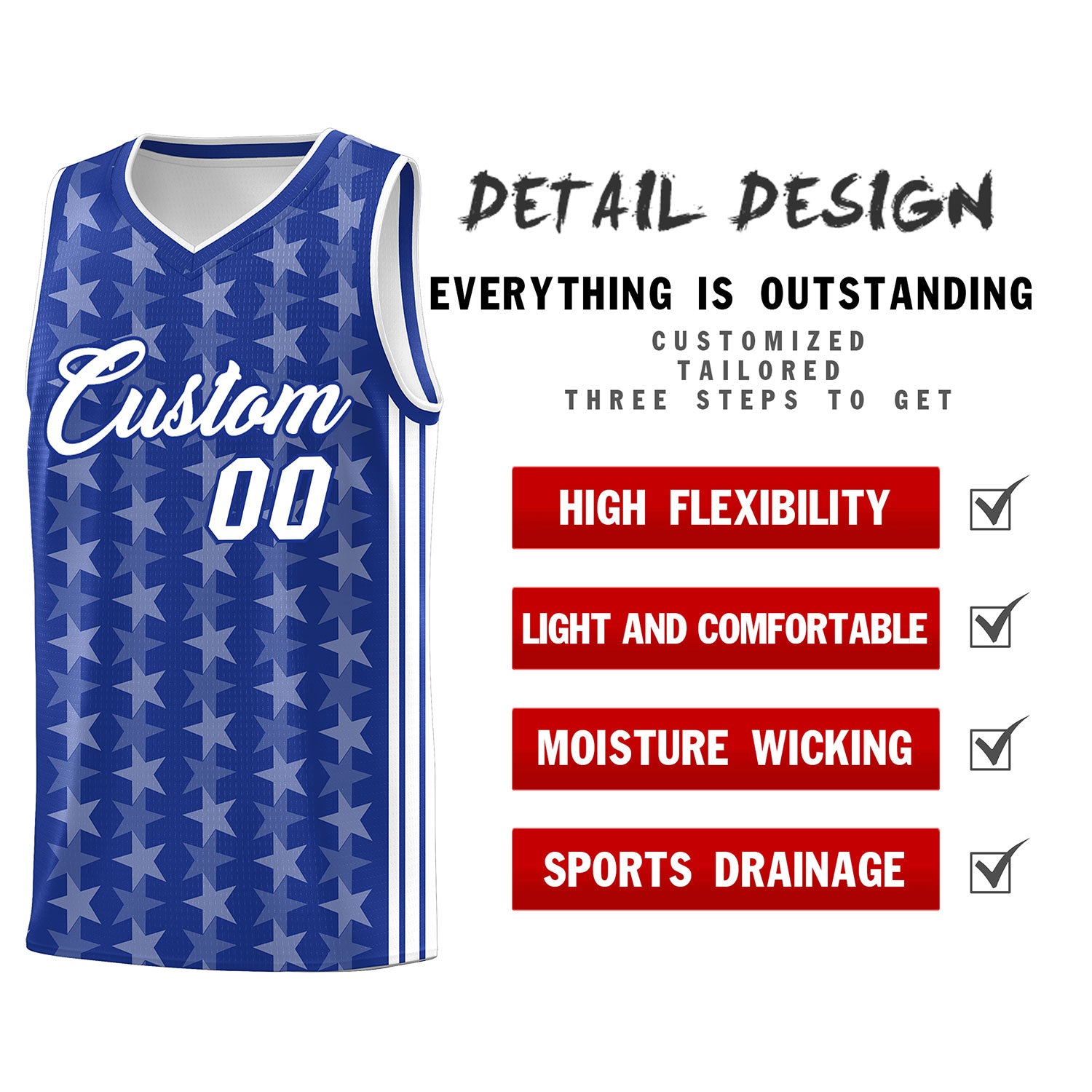 Custom Royal White Star Graffiti Pattern Sets Sports Uniform Basketball Jersey