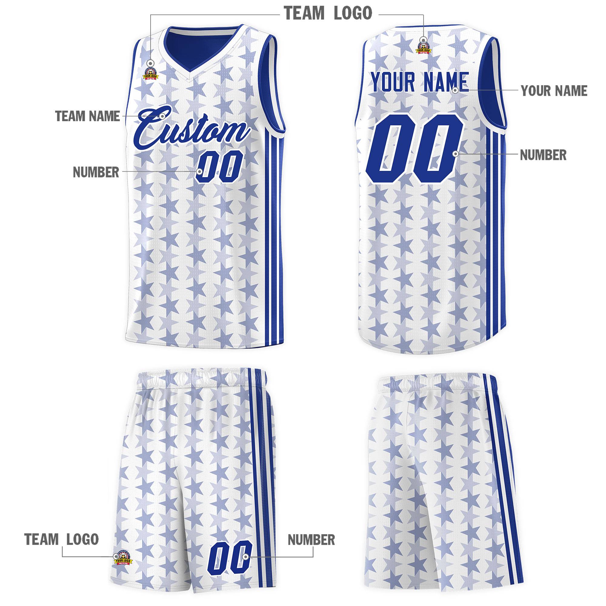 Custom White Royal Star Graffiti Pattern Sets Sports Uniform Basketball Jersey