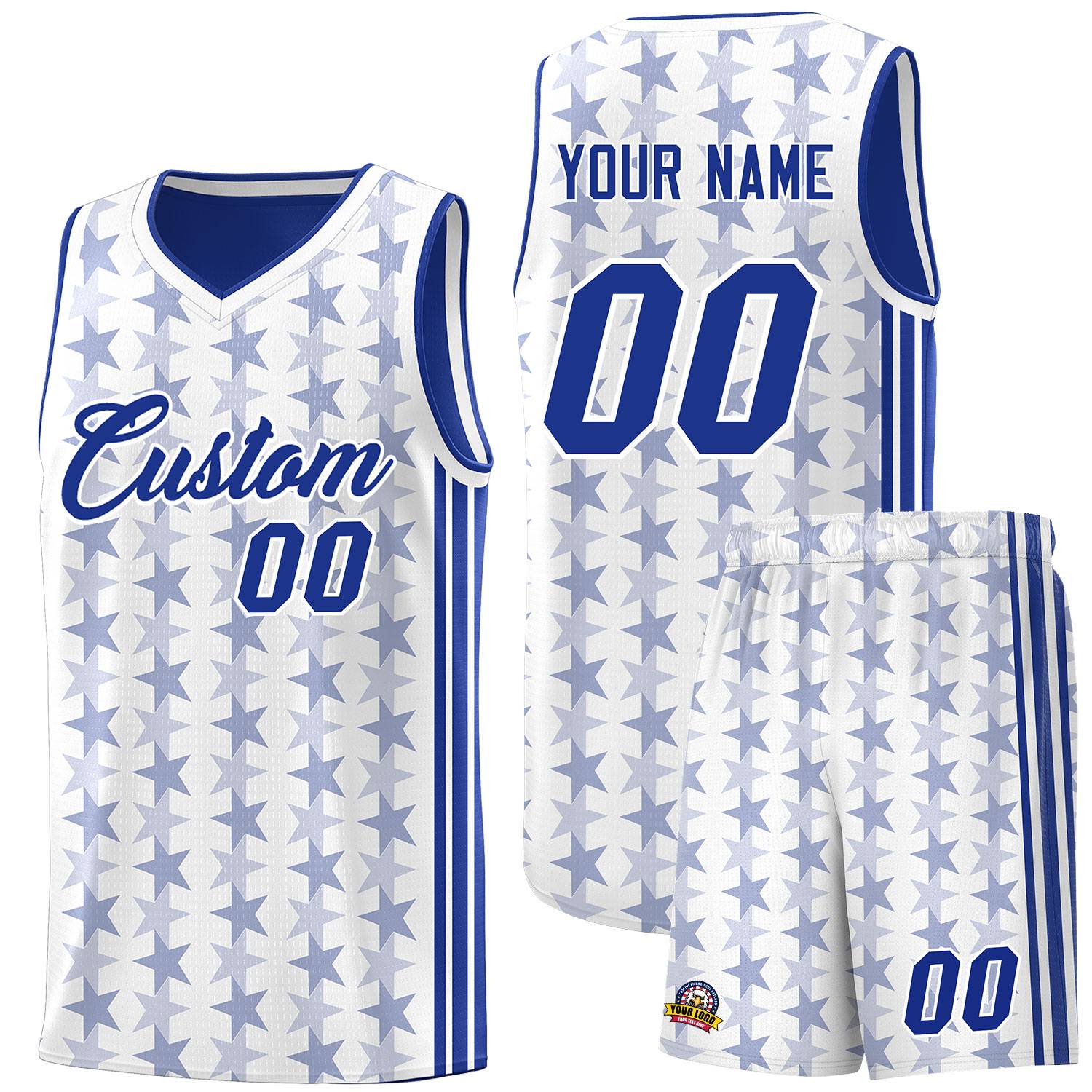 Custom White Royal Star Graffiti Pattern Sets Sports Uniform Basketball Jersey