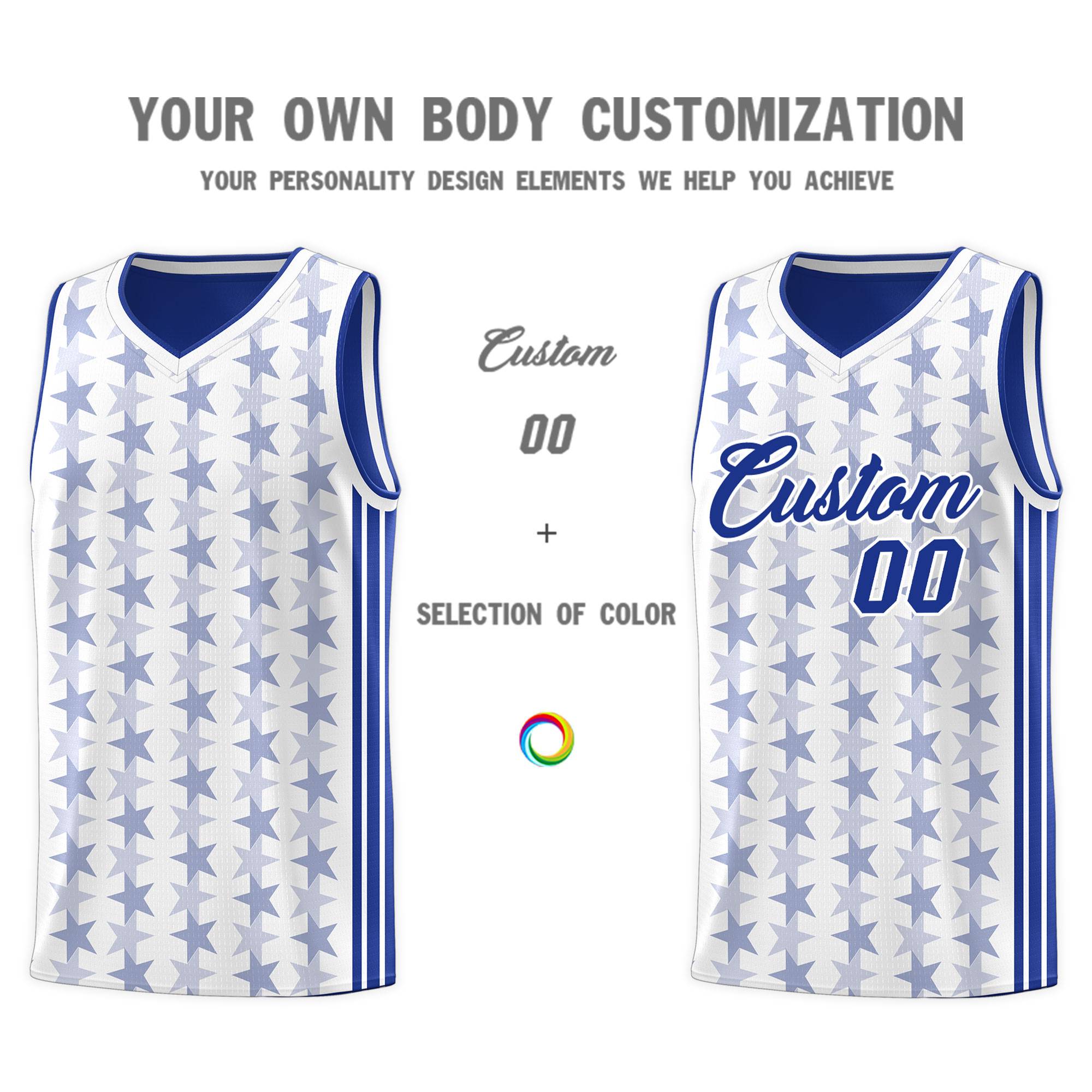 Custom White Royal Star Graffiti Pattern Sets Sports Uniform Basketball Jersey