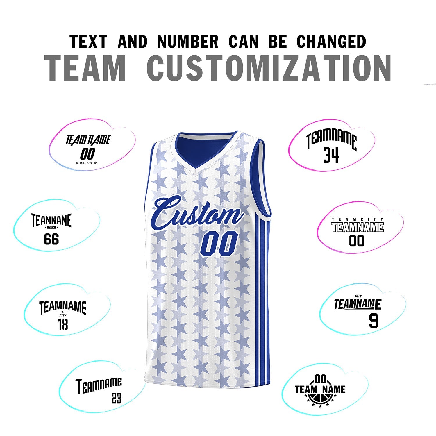 Custom White Royal Star Graffiti Pattern Sets Sports Uniform Basketball Jersey