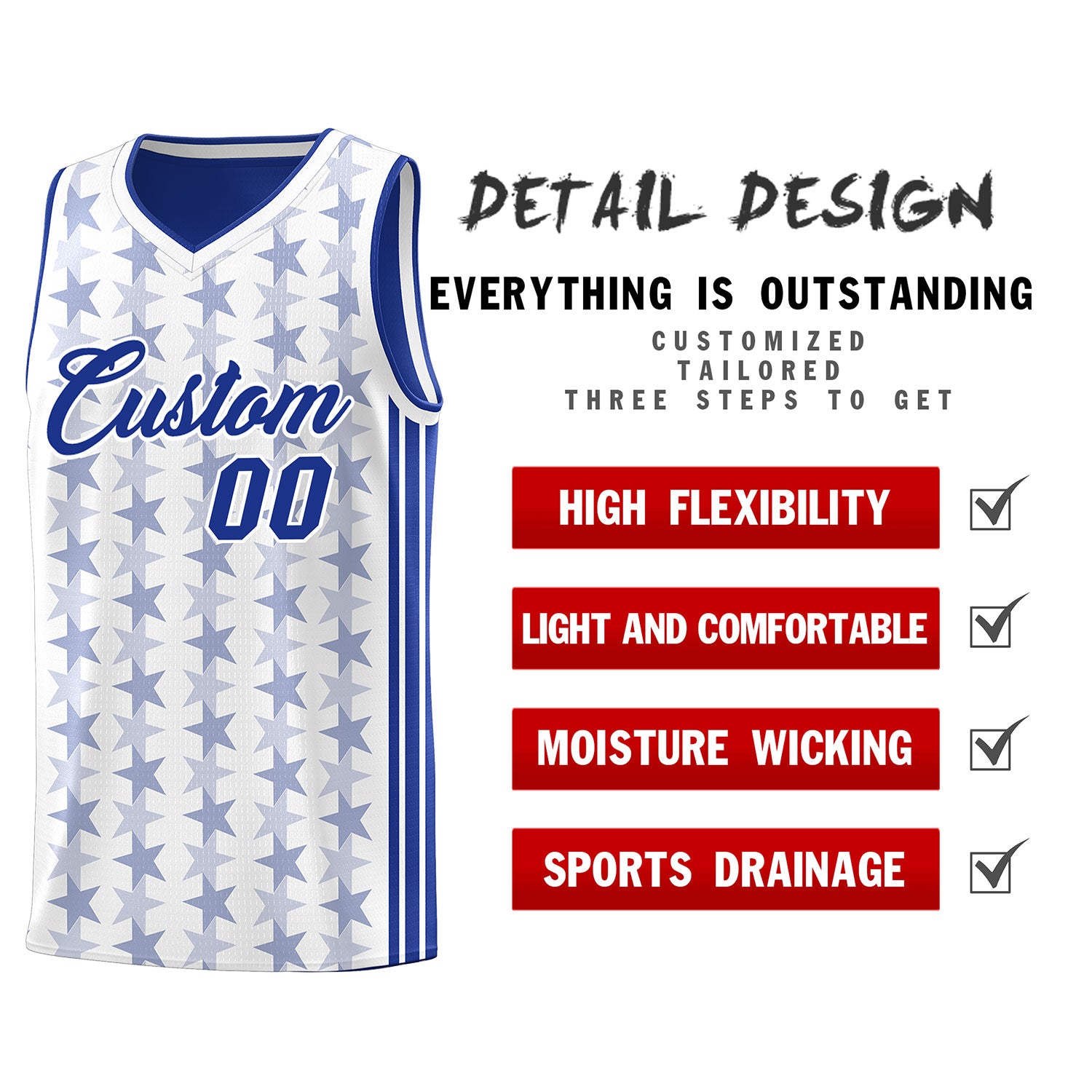 Custom White Royal Star Graffiti Pattern Sets Sports Uniform Basketball Jersey