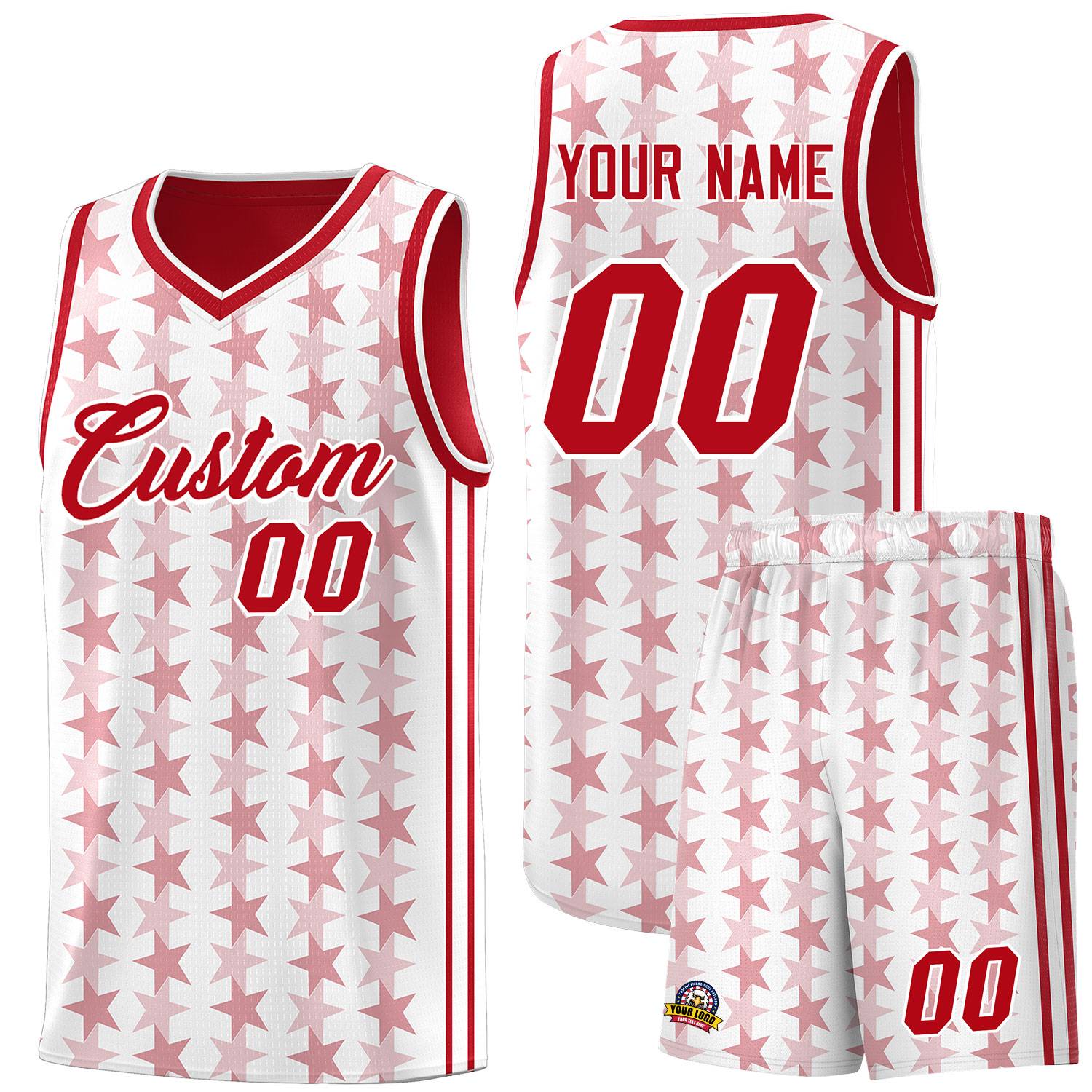 Custom White Red Star Graffiti Pattern Sets Sports Uniform Basketball Jersey