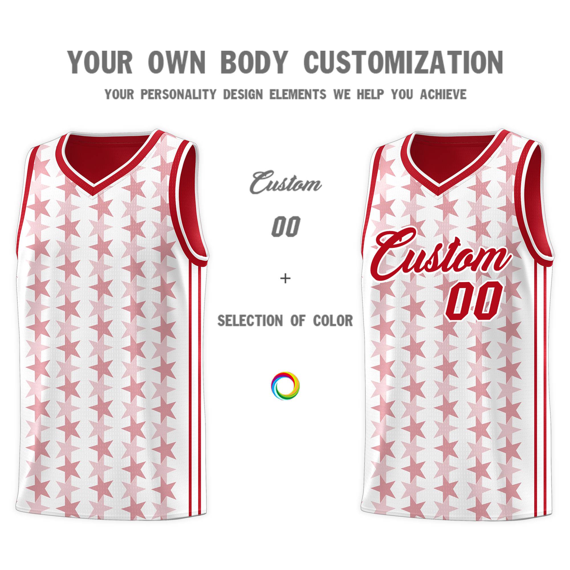 Custom White Red Star Graffiti Pattern Sets Sports Uniform Basketball Jersey