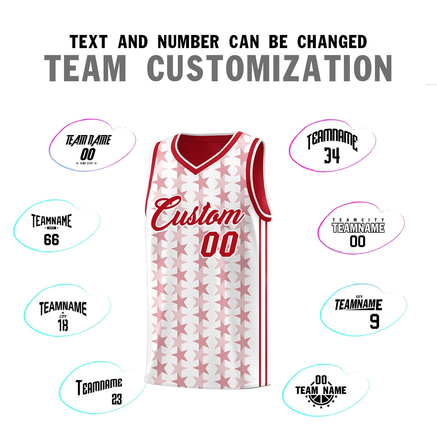 Custom White Red Star Graffiti Pattern Sets Sports Uniform Basketball Jersey