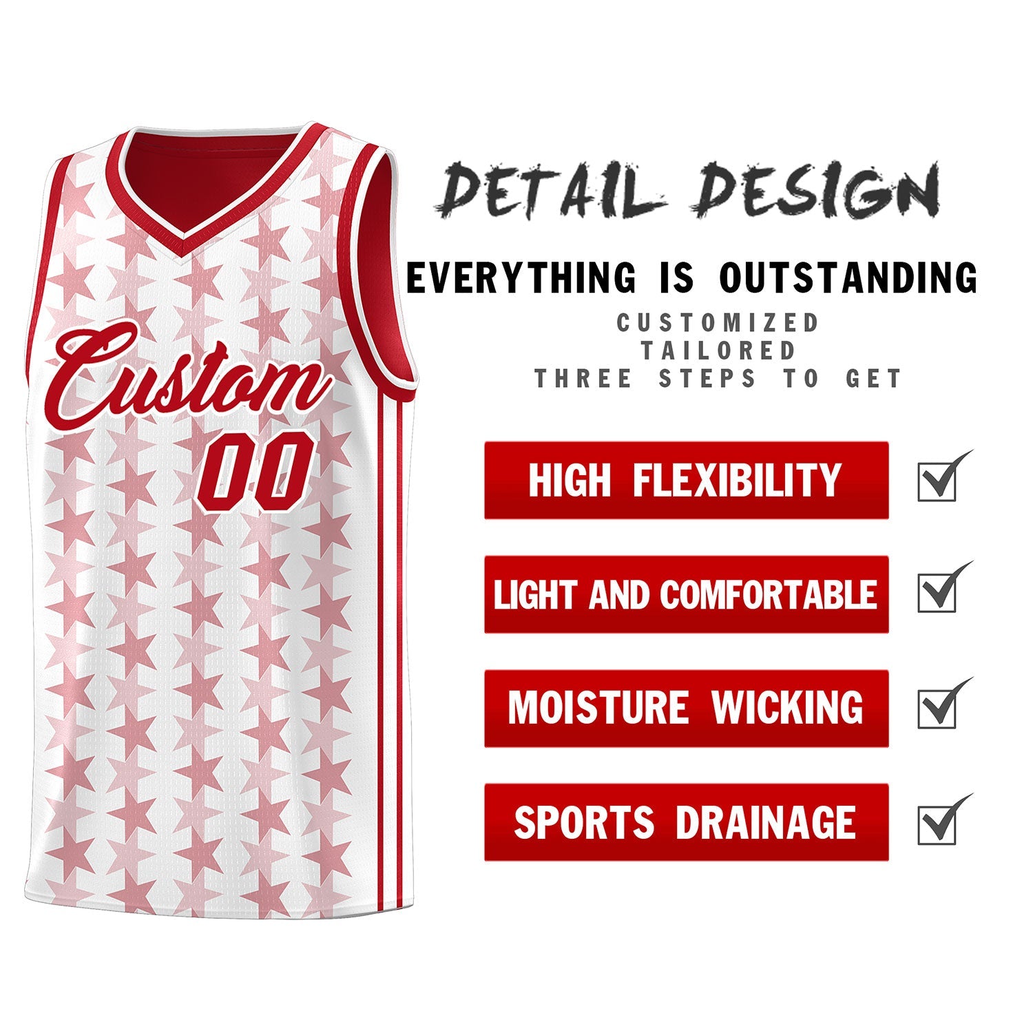 Custom White Red Star Graffiti Pattern Sets Sports Uniform Basketball Jersey