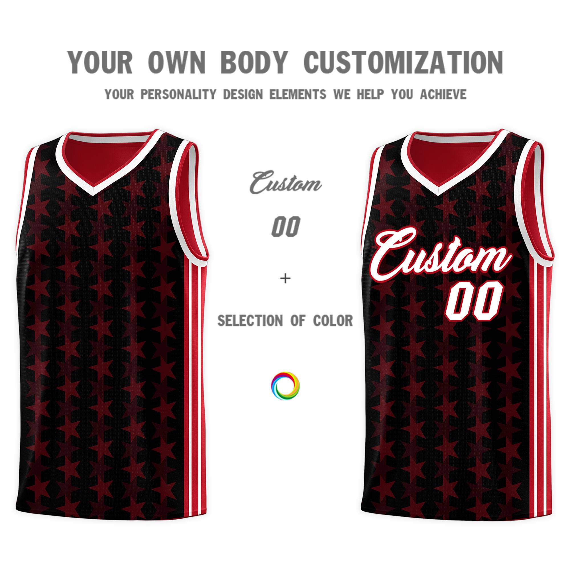 Custom Black Red Star Graffiti Pattern Sets Sports Uniform Basketball Jersey