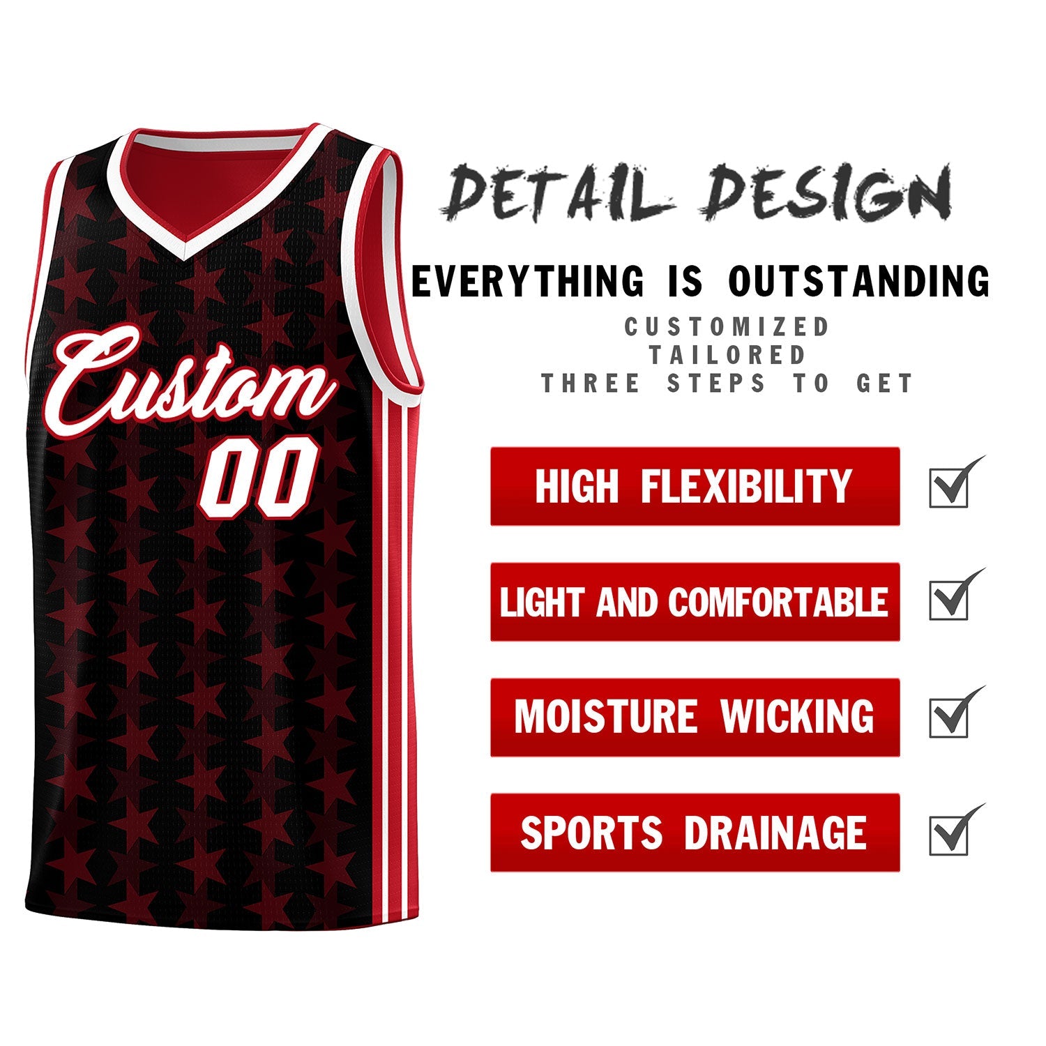 Custom Black Red Star Graffiti Pattern Sets Sports Uniform Basketball Jersey