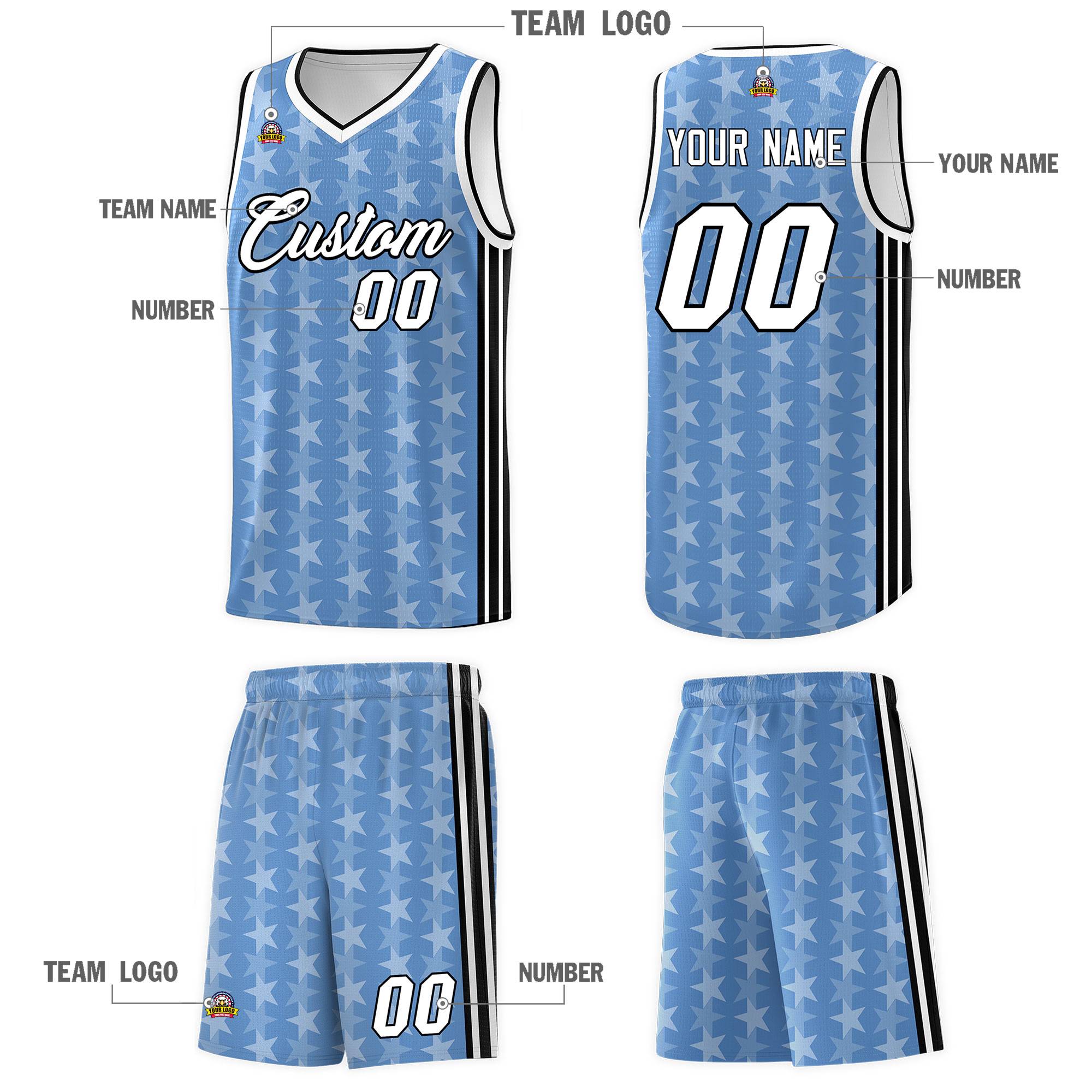 Custom Light Blue White Star Graffiti Pattern Sets Sports Uniform Basketball Jersey