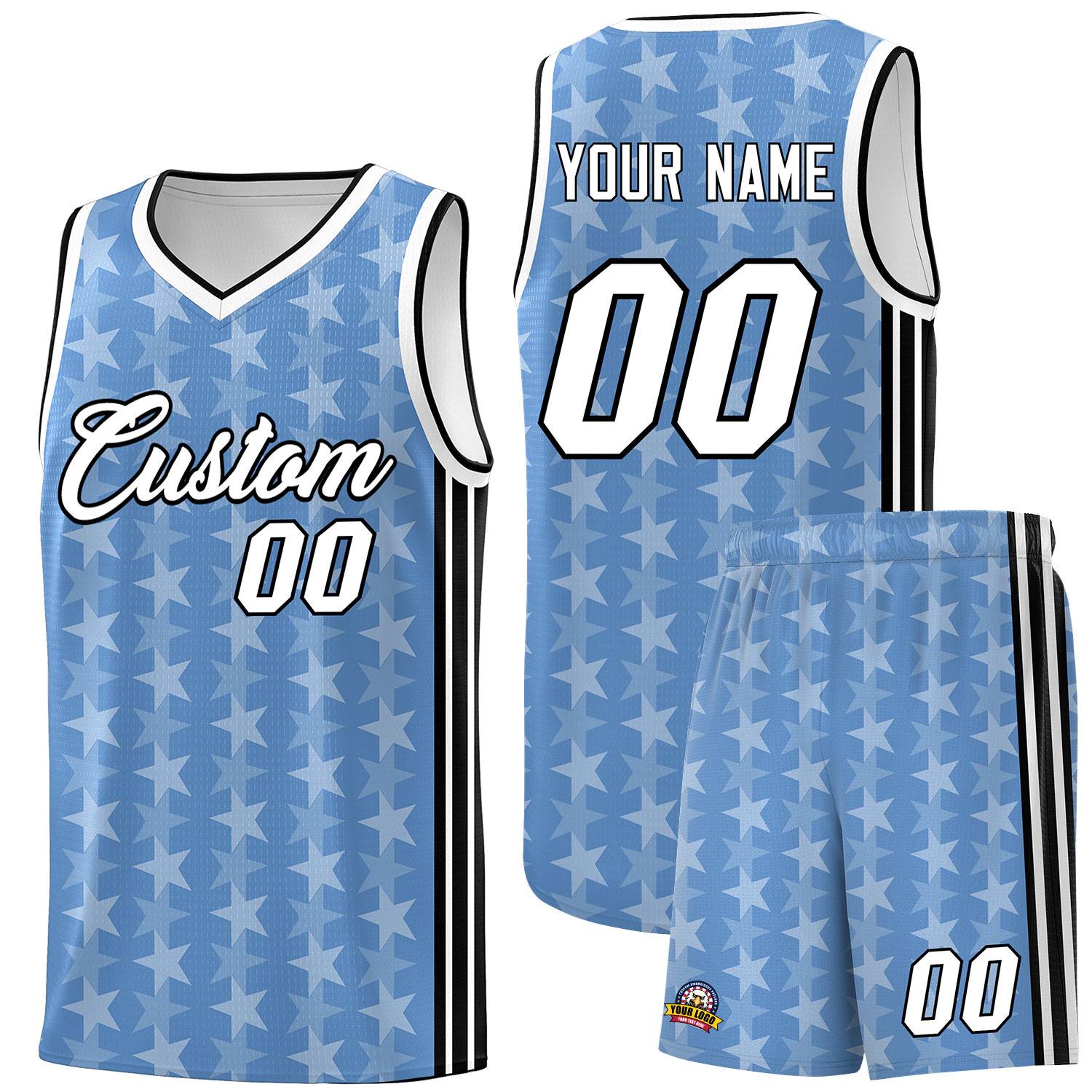 Custom Light Blue White Star Graffiti Pattern Sets Sports Uniform Basketball Jersey