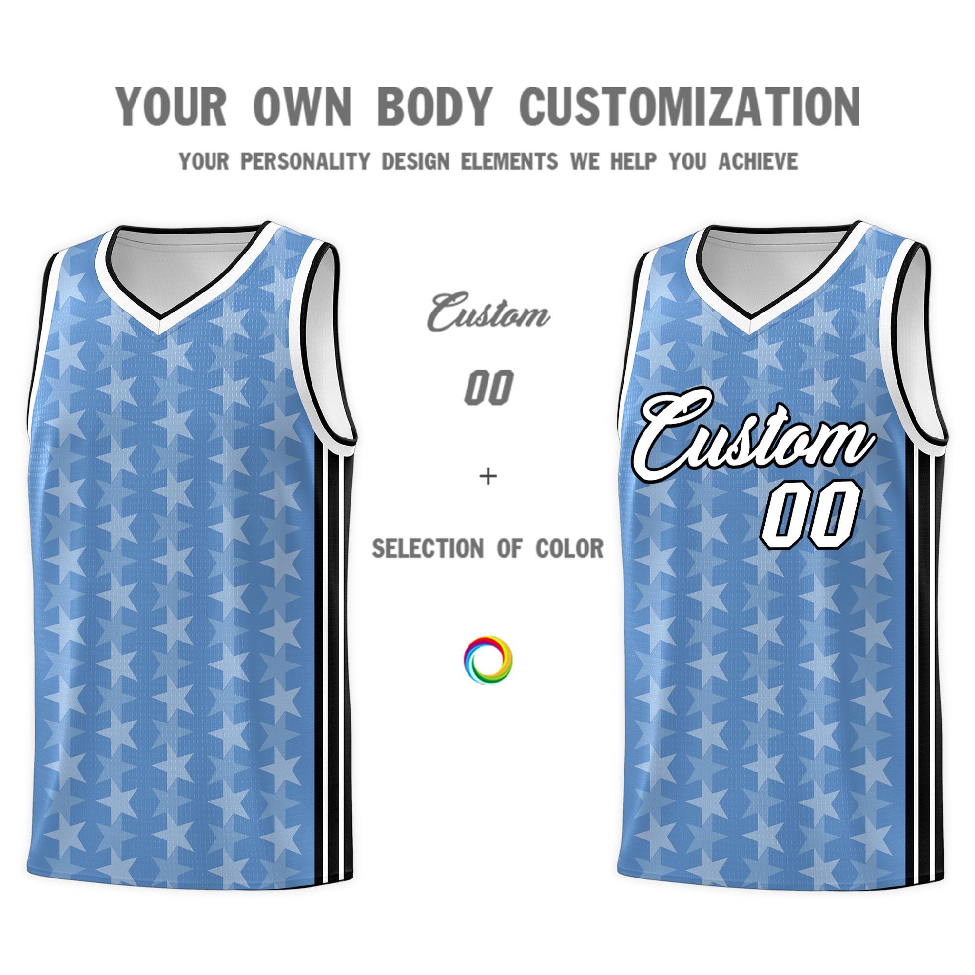 Custom Light Blue White Star Graffiti Pattern Sets Sports Uniform Basketball Jersey