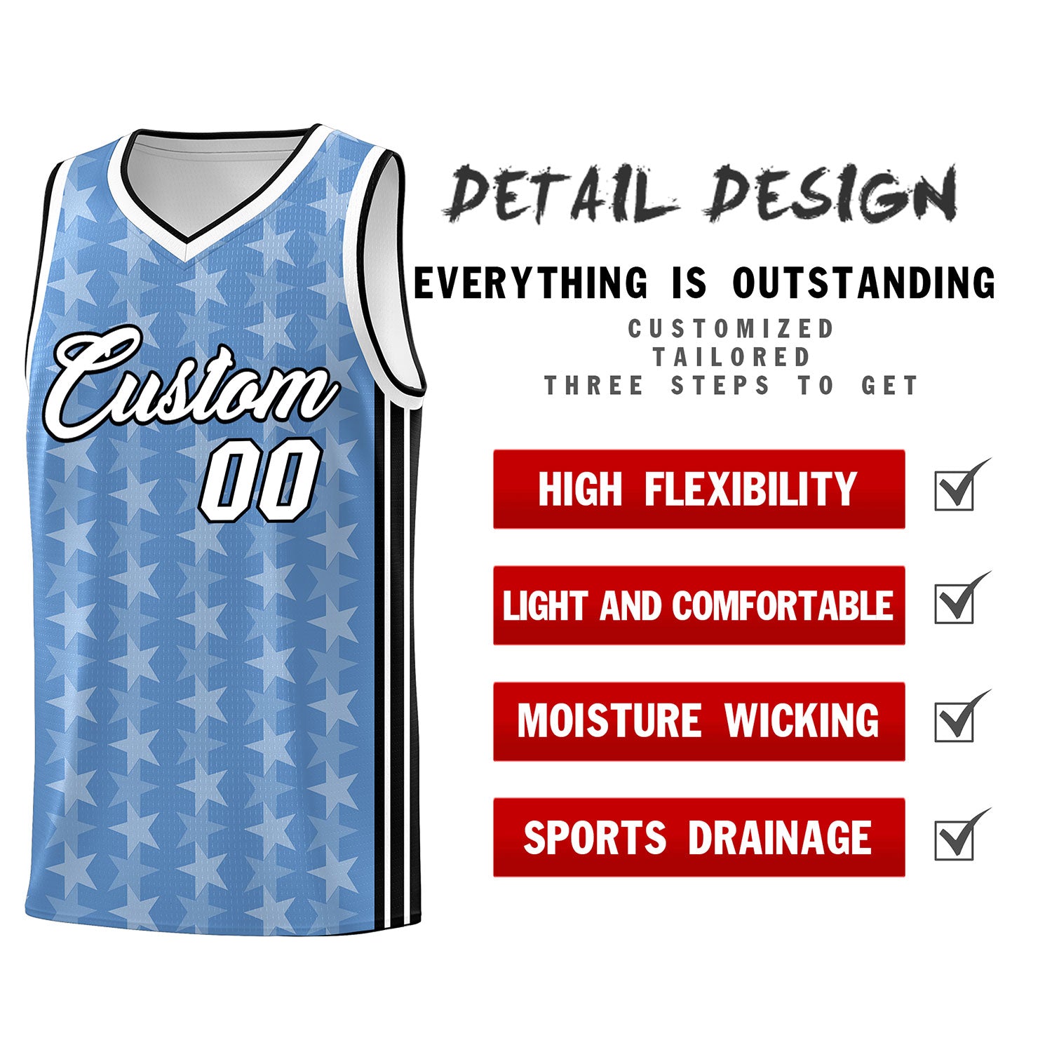 Custom Light Blue White Star Graffiti Pattern Sets Sports Uniform Basketball Jersey