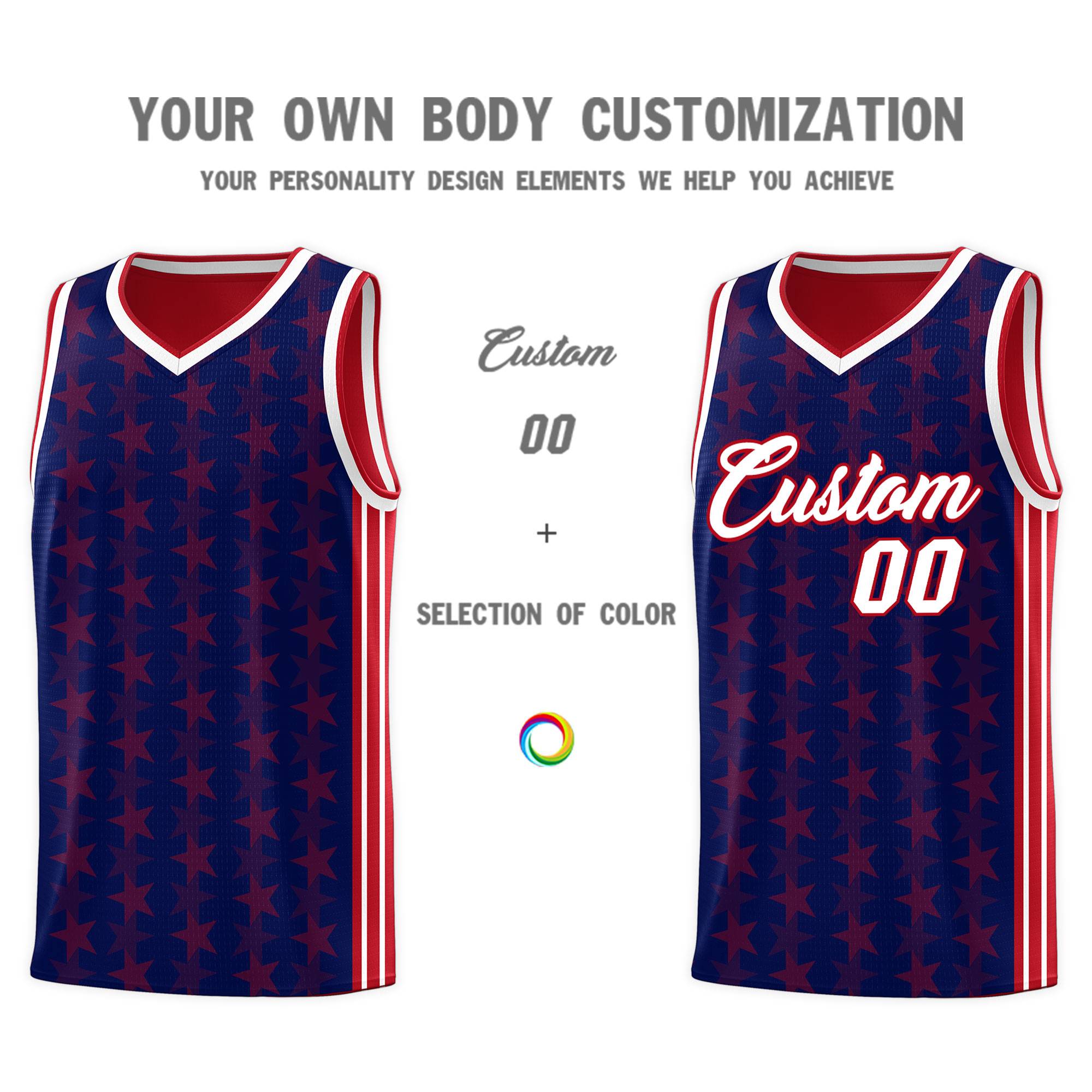 Custom Navy Red Star Graffiti Pattern Sets Sports Uniform Basketball Jersey