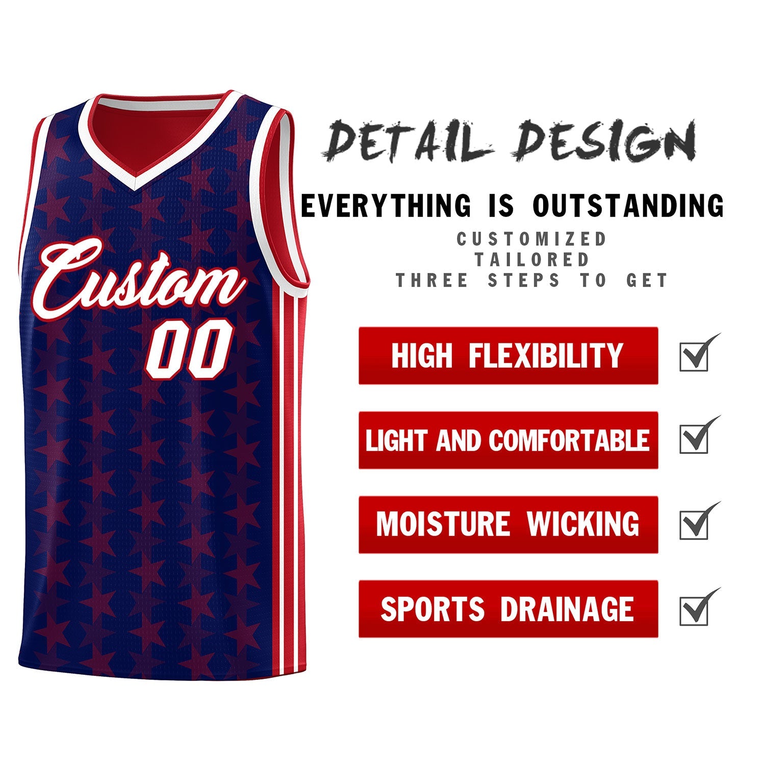 Custom Navy Red Star Graffiti Pattern Sets Sports Uniform Basketball Jersey