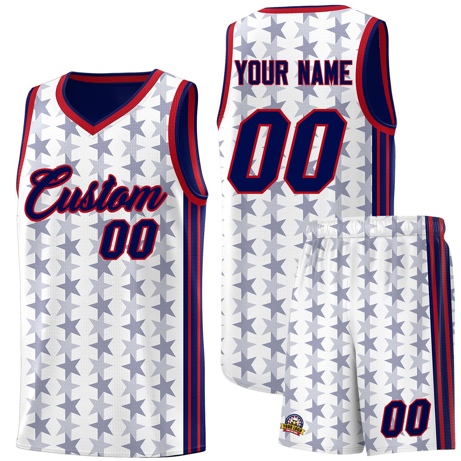 Custom White Navy Star Graffiti Pattern Sets Sports Uniform Basketball Jersey