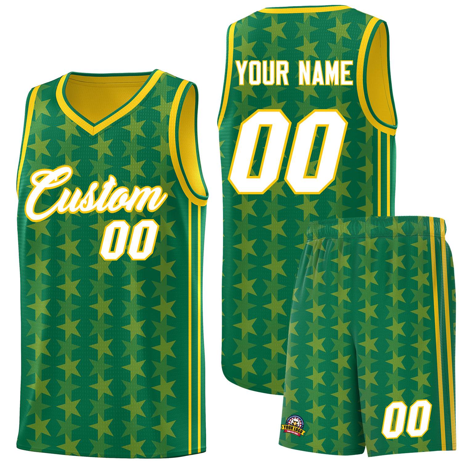 Custom Kelly Green Gold Star Graffiti Pattern Sets Sports Uniform Basketball Jersey