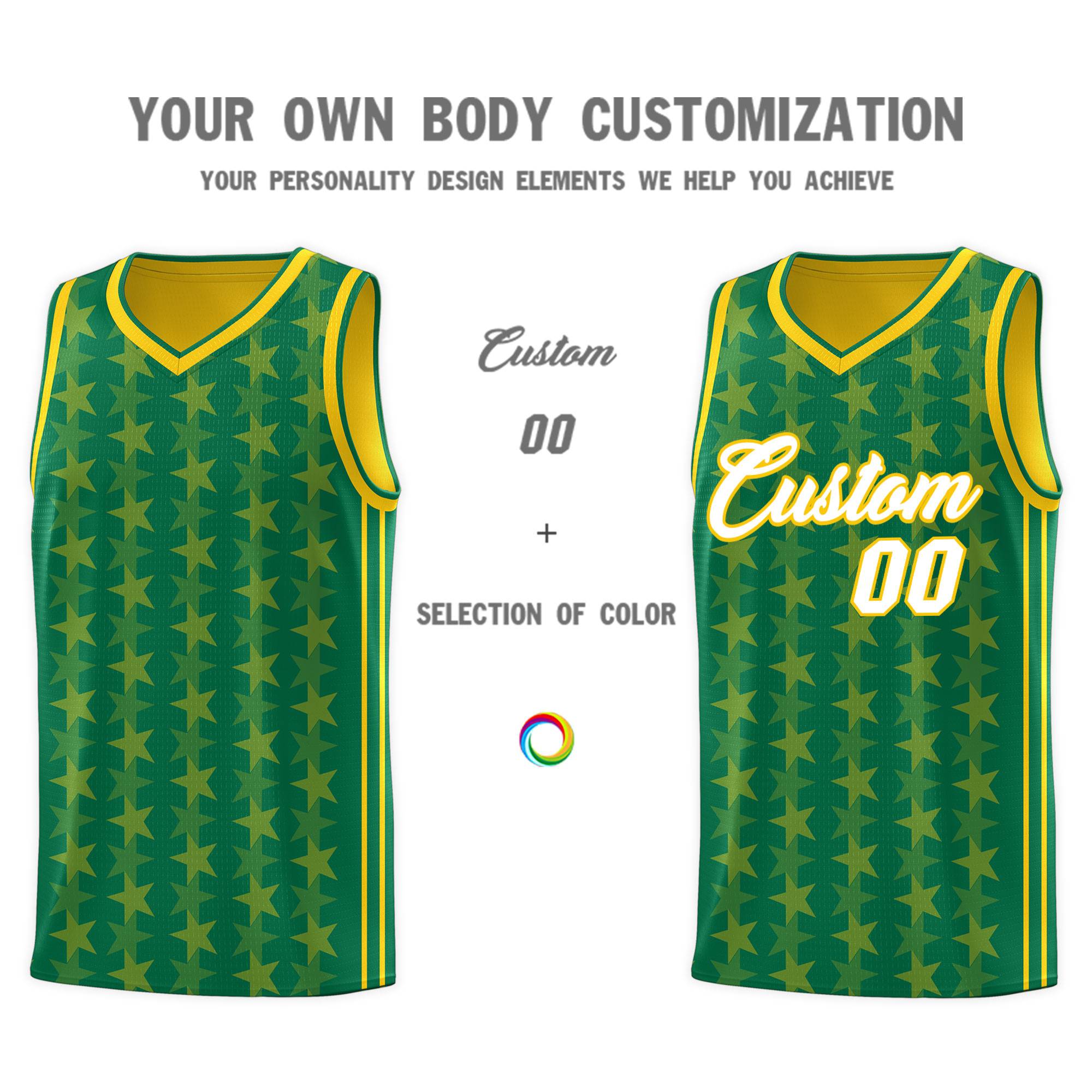 Custom Kelly Green Gold Star Graffiti Pattern Sets Sports Uniform Basketball Jersey