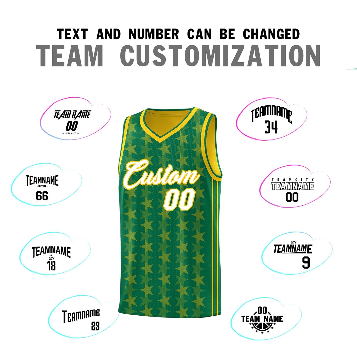 Custom Kelly Green Gold Star Graffiti Pattern Sets Sports Uniform Basketball Jersey