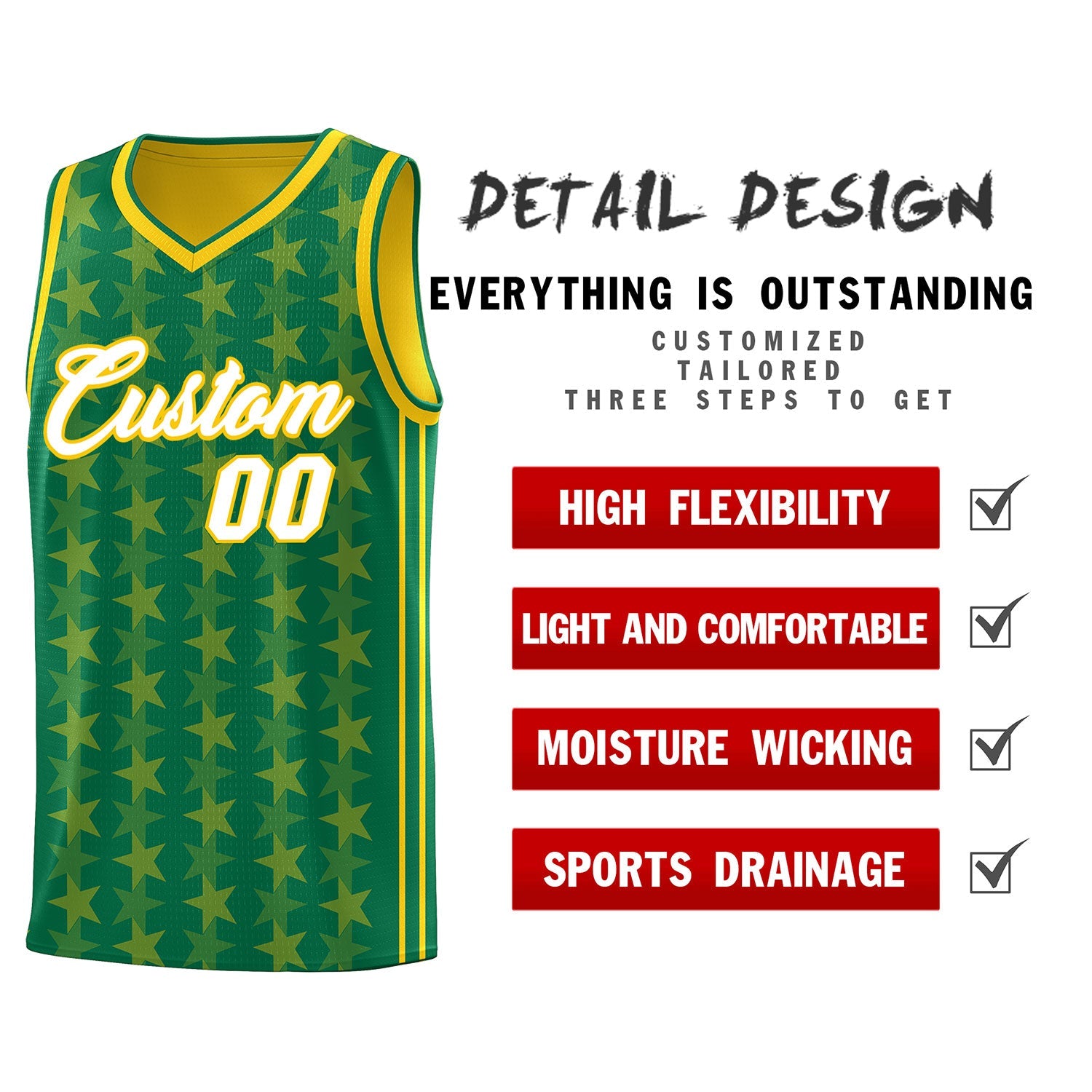 Custom Kelly Green Gold Star Graffiti Pattern Sets Sports Uniform Basketball Jersey