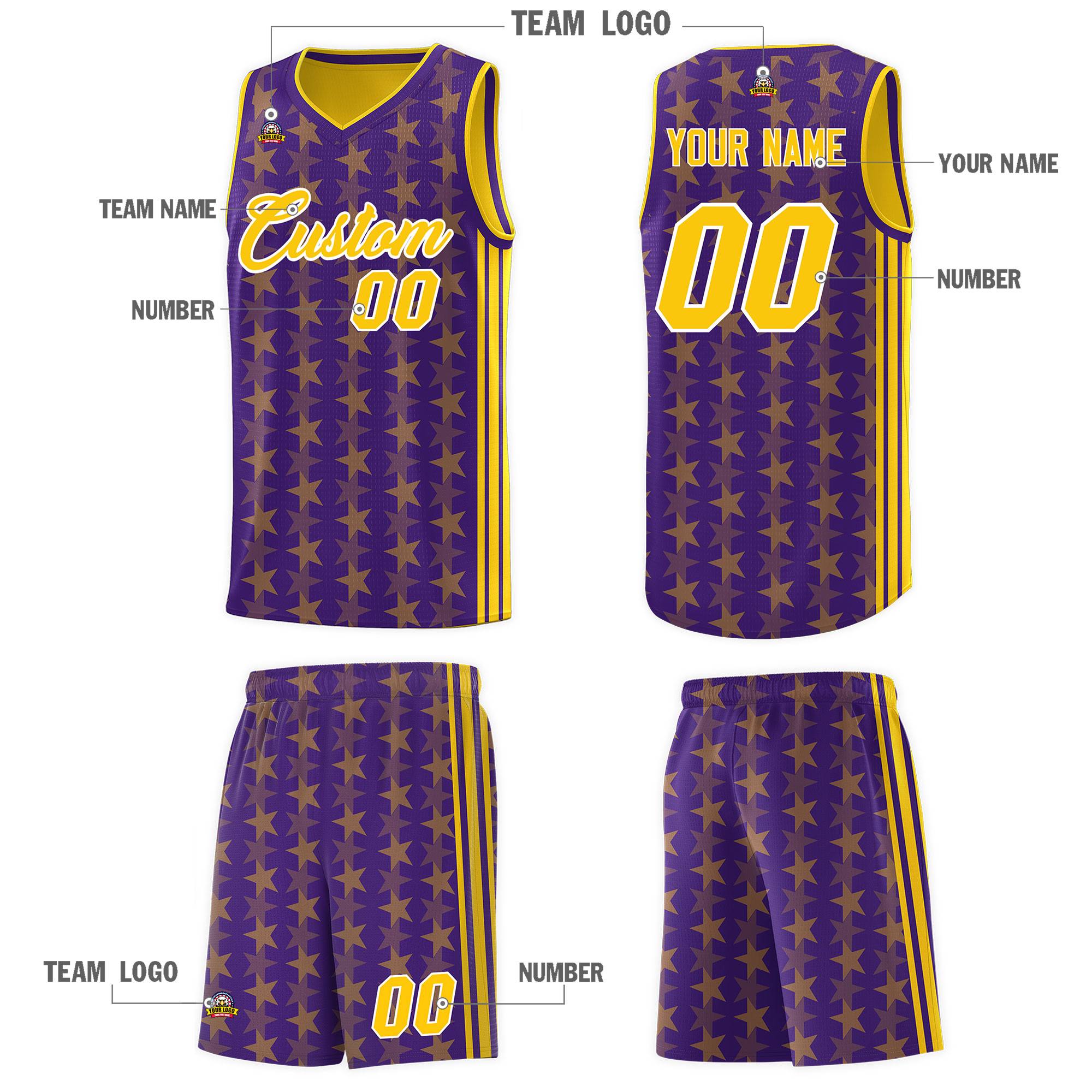 Custom Purple Gold Star Graffiti Pattern Sets Sports Uniform Basketball Jersey