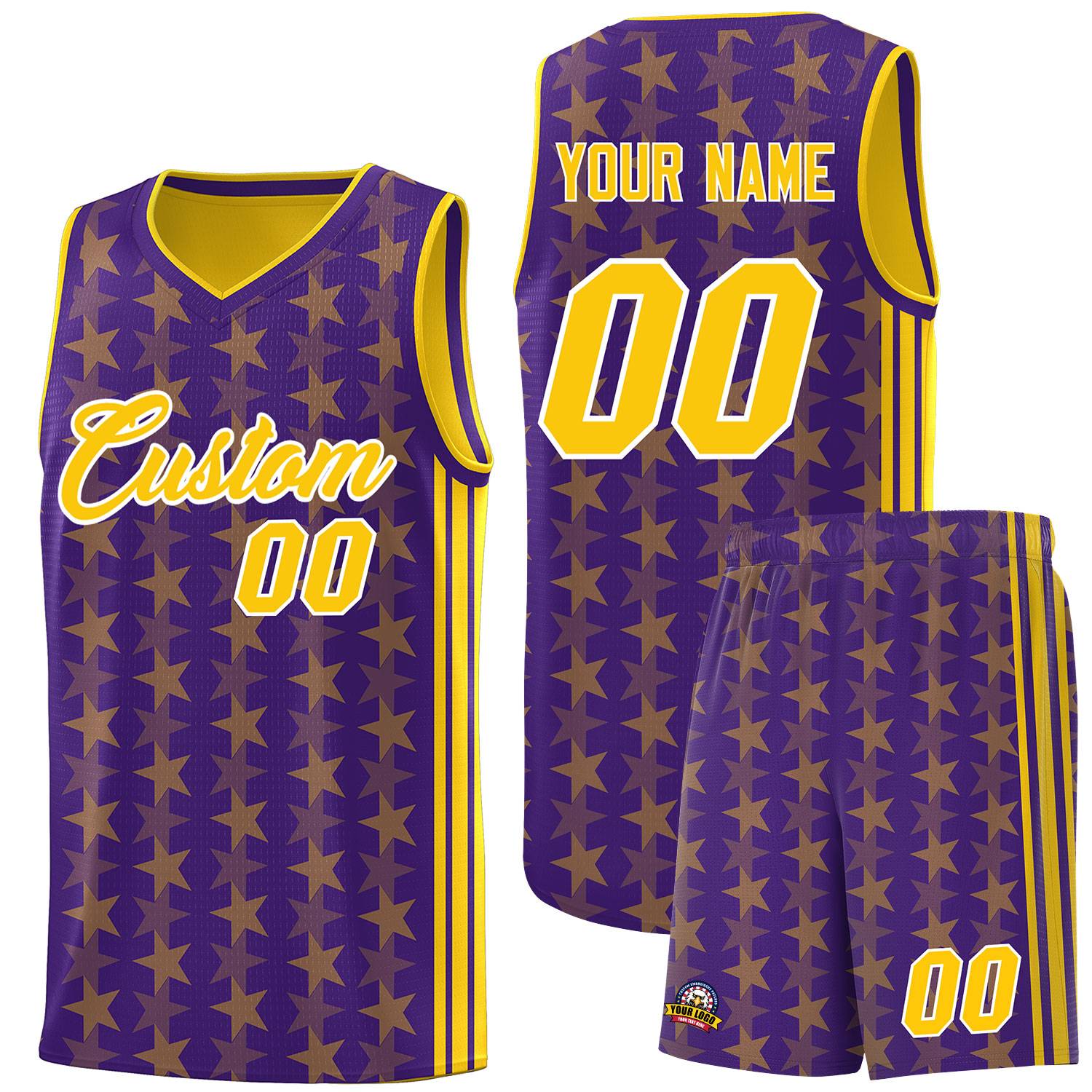 Custom Purple Gold Star Graffiti Pattern Sets Sports Uniform Basketball Jersey