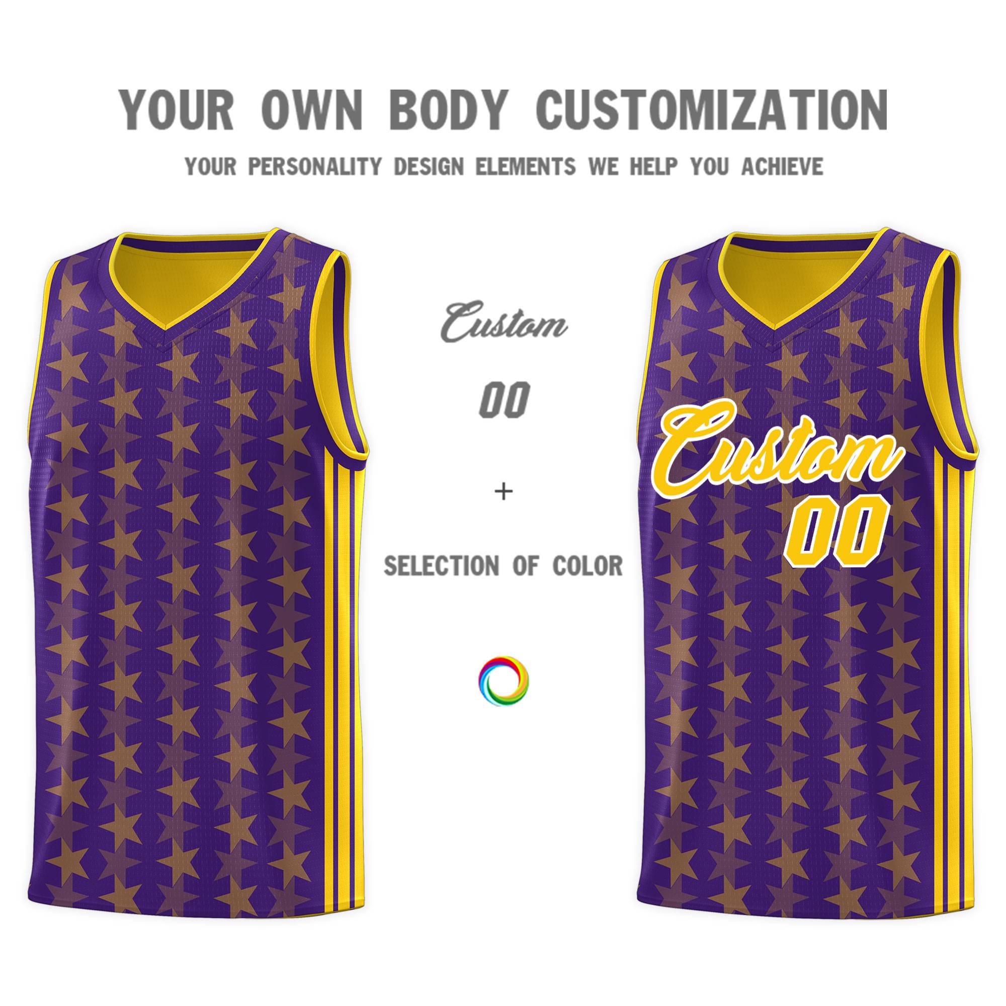 Custom Purple Gold Star Graffiti Pattern Sets Sports Uniform Basketball Jersey